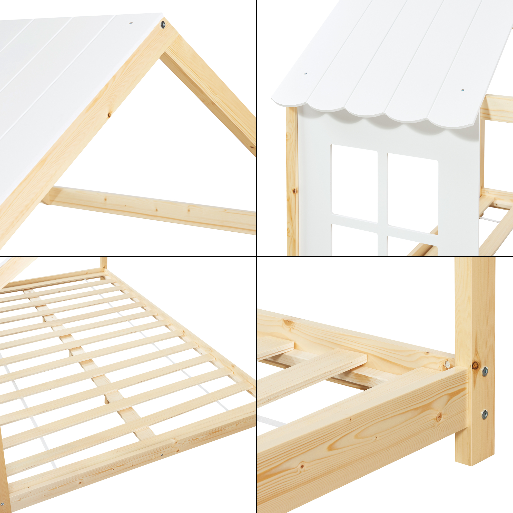 Pat căsuță semiînchis pentru copii 120x200 cm, lemn alb/natur