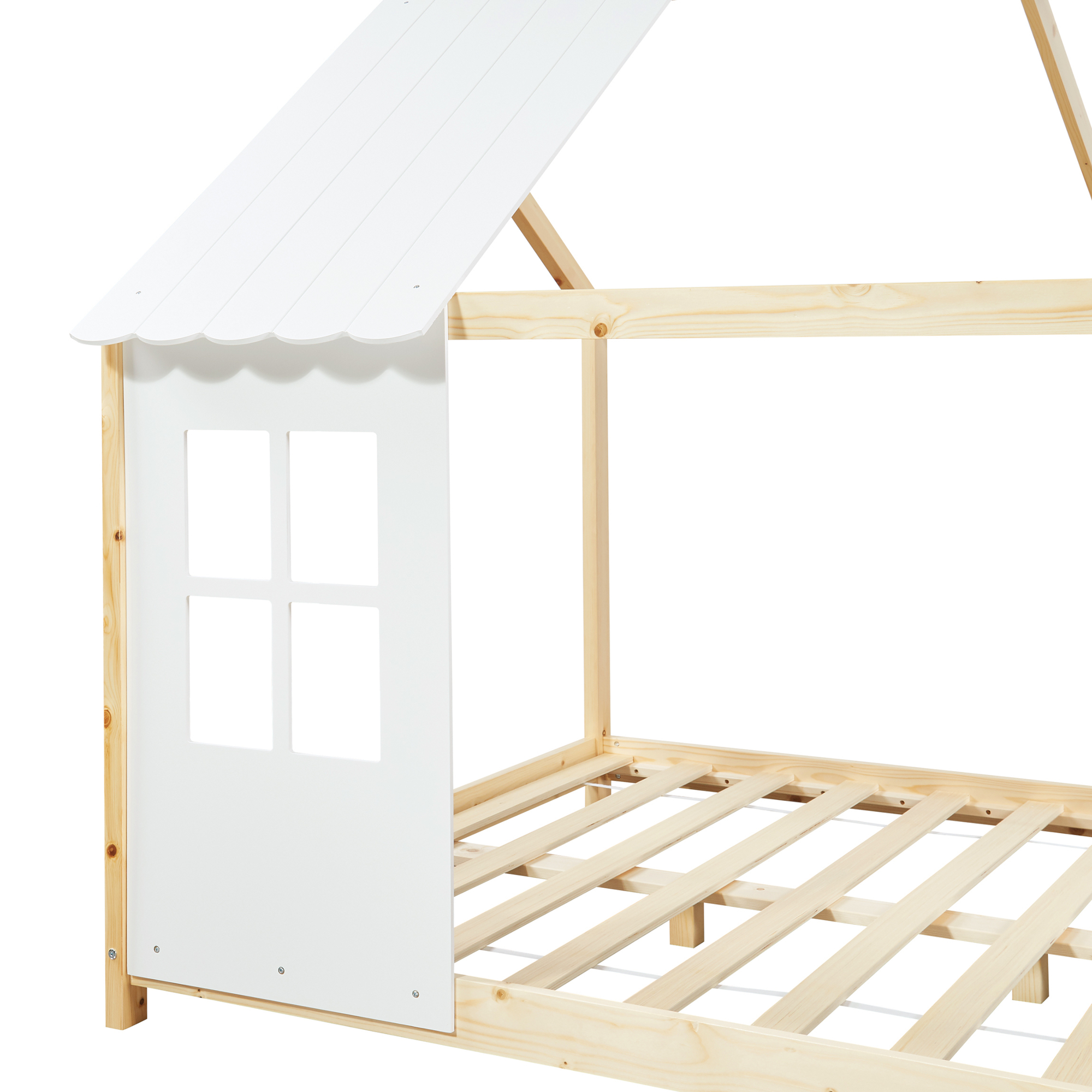 Pat căsuță pentru copii Tostedt 140x200 cm din lemn, alb/natur