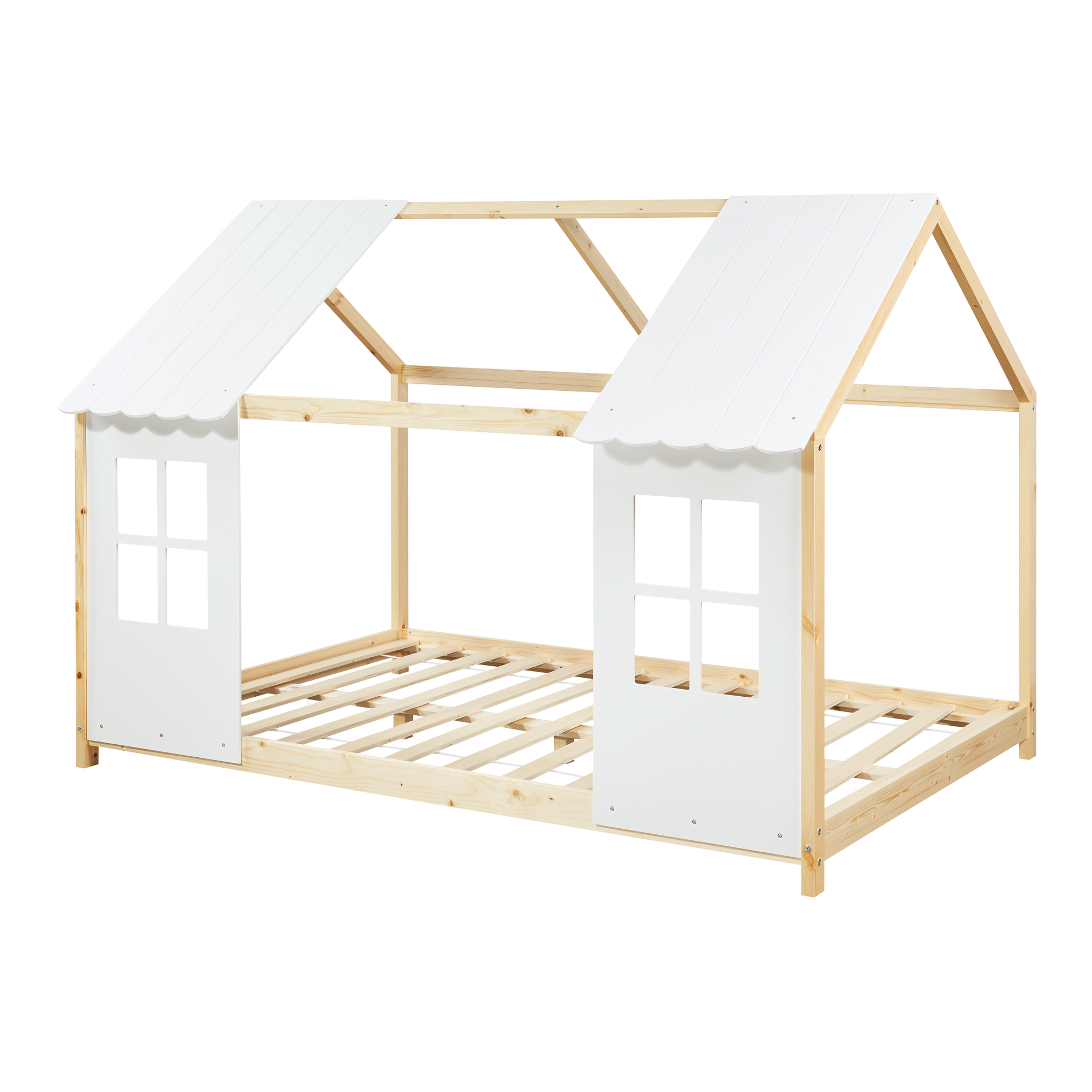 Pat căsuță pentru copii Tostedt 140x200 cm din lemn, alb/natur