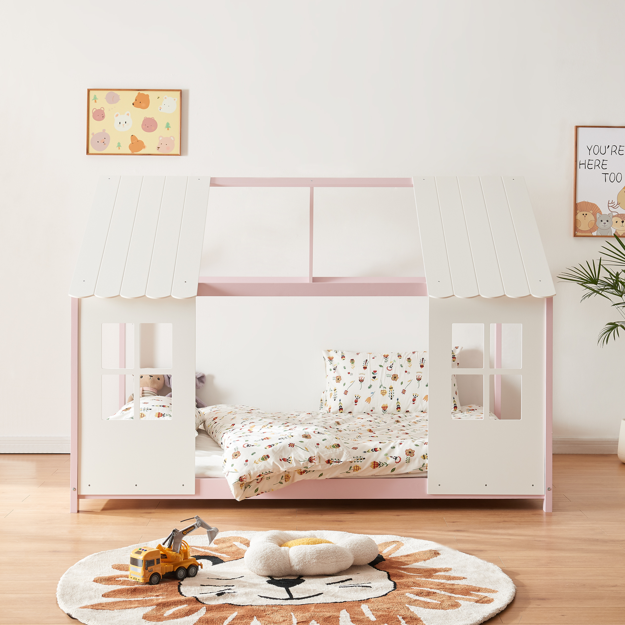 Pat copii tip căsuță Tostedt 140x200 cm roz/alb din lemn