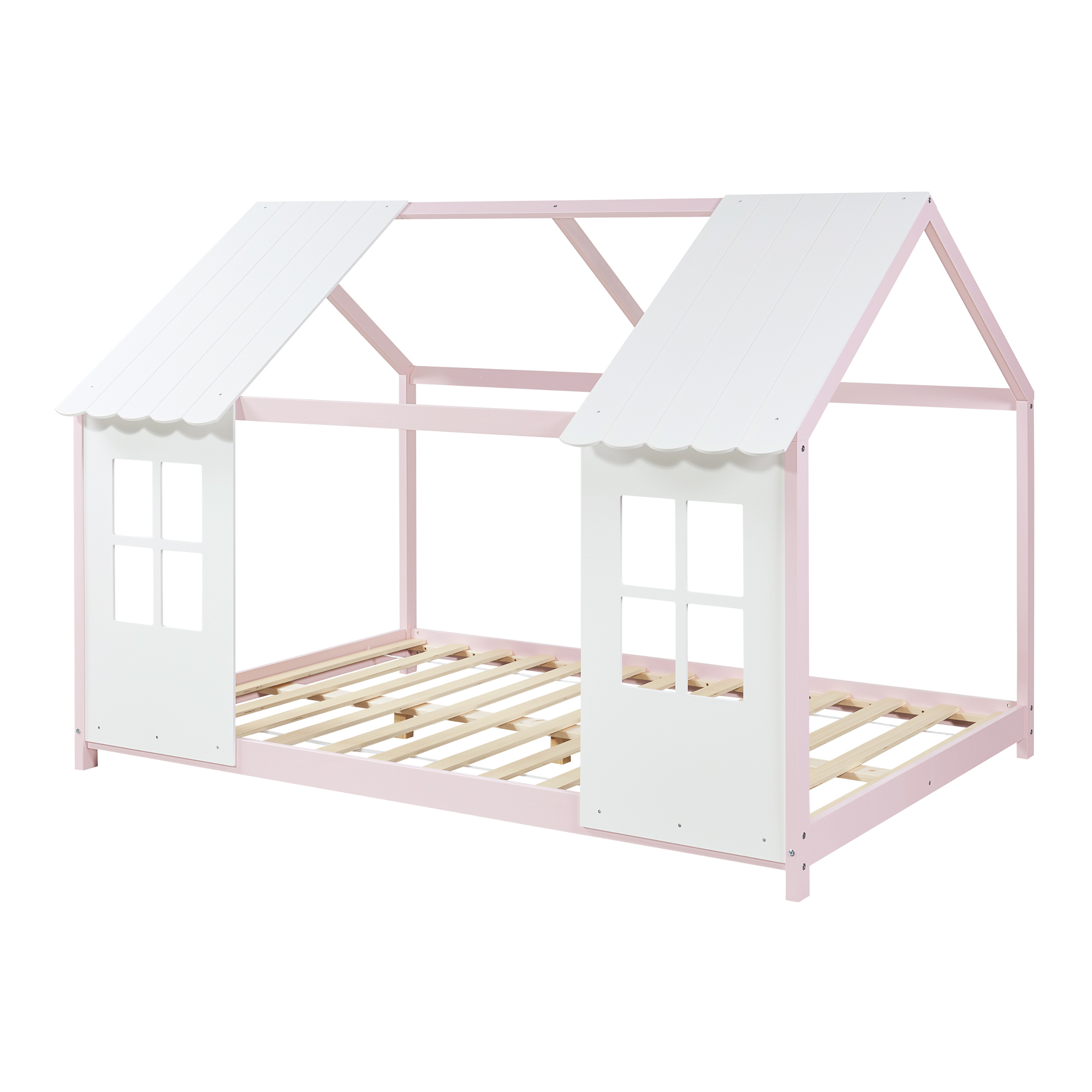 Pat copii tip căsuță Tostedt 140x200 cm roz/alb din lemn