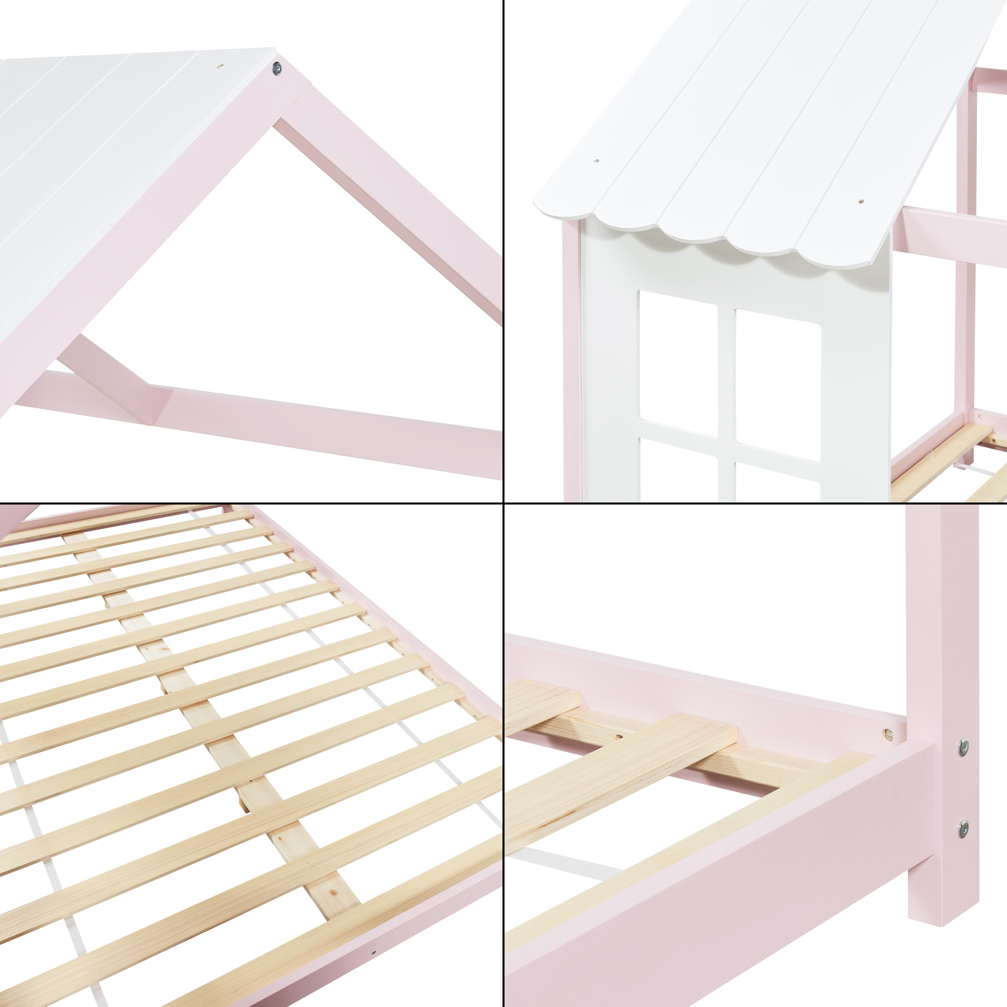 Pat copii tip căsuță Tostedt 140x200 cm roz/alb din lemn