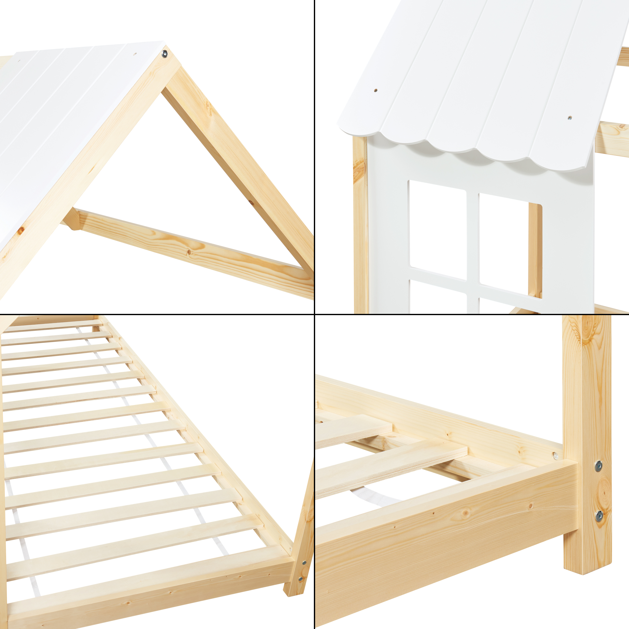 Pat pentru copii tip căsuță Tostedt 90x200 cm din lemn, alb/natur