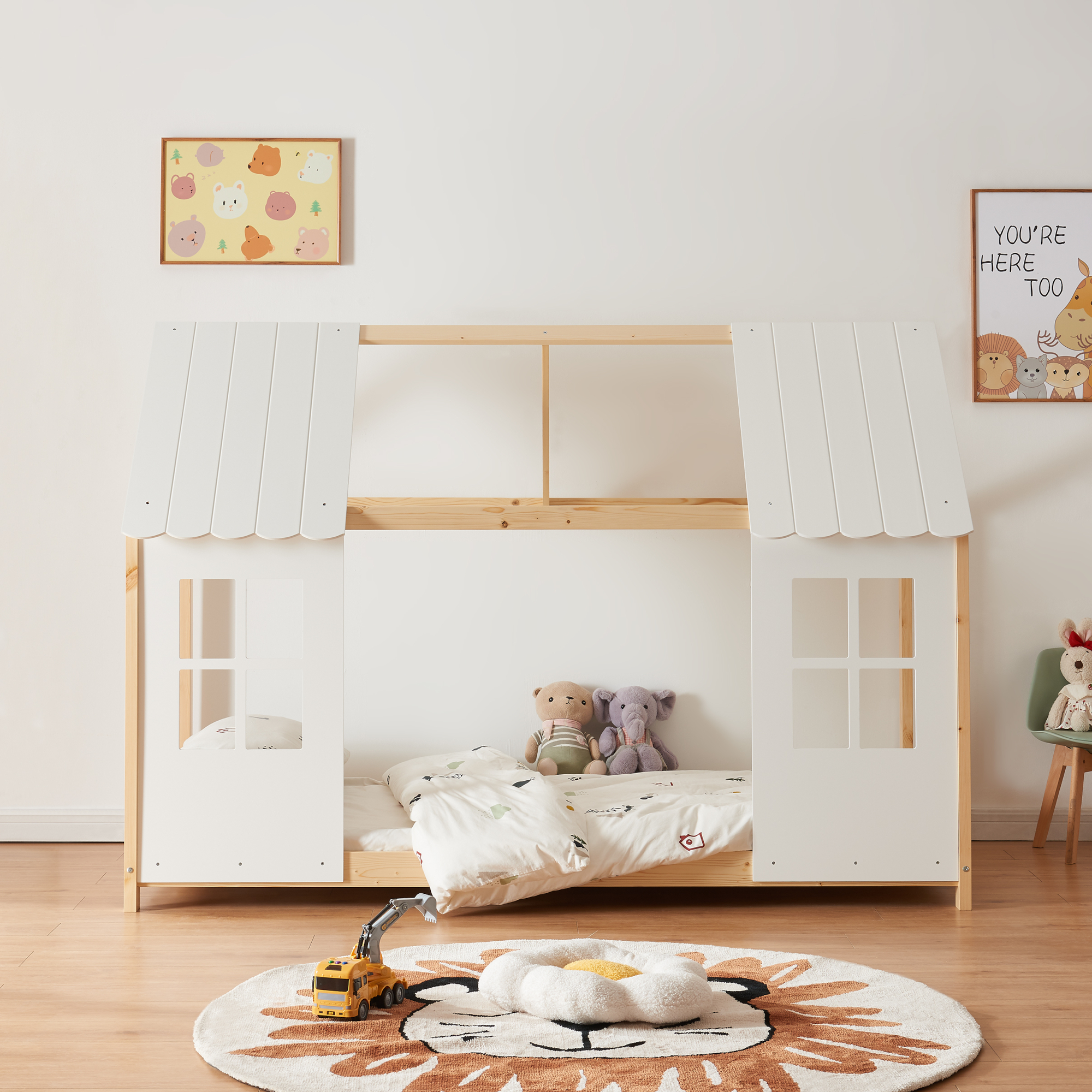 Pat pentru copii tip căsuță Tostedt 90x200 cm din lemn, alb/natur