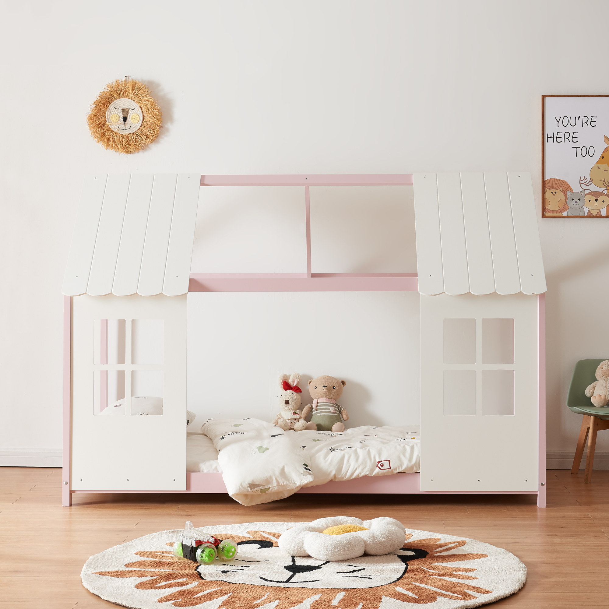 Pat copii tip căsuță semideschis Tostedt 90x200 cm, roz/alb