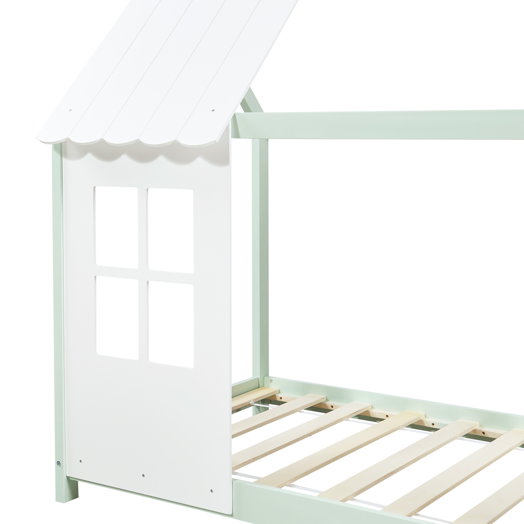 Pat copii tip căsuță semi-deschis cu saltea 90x200 cm, mentă/alb
