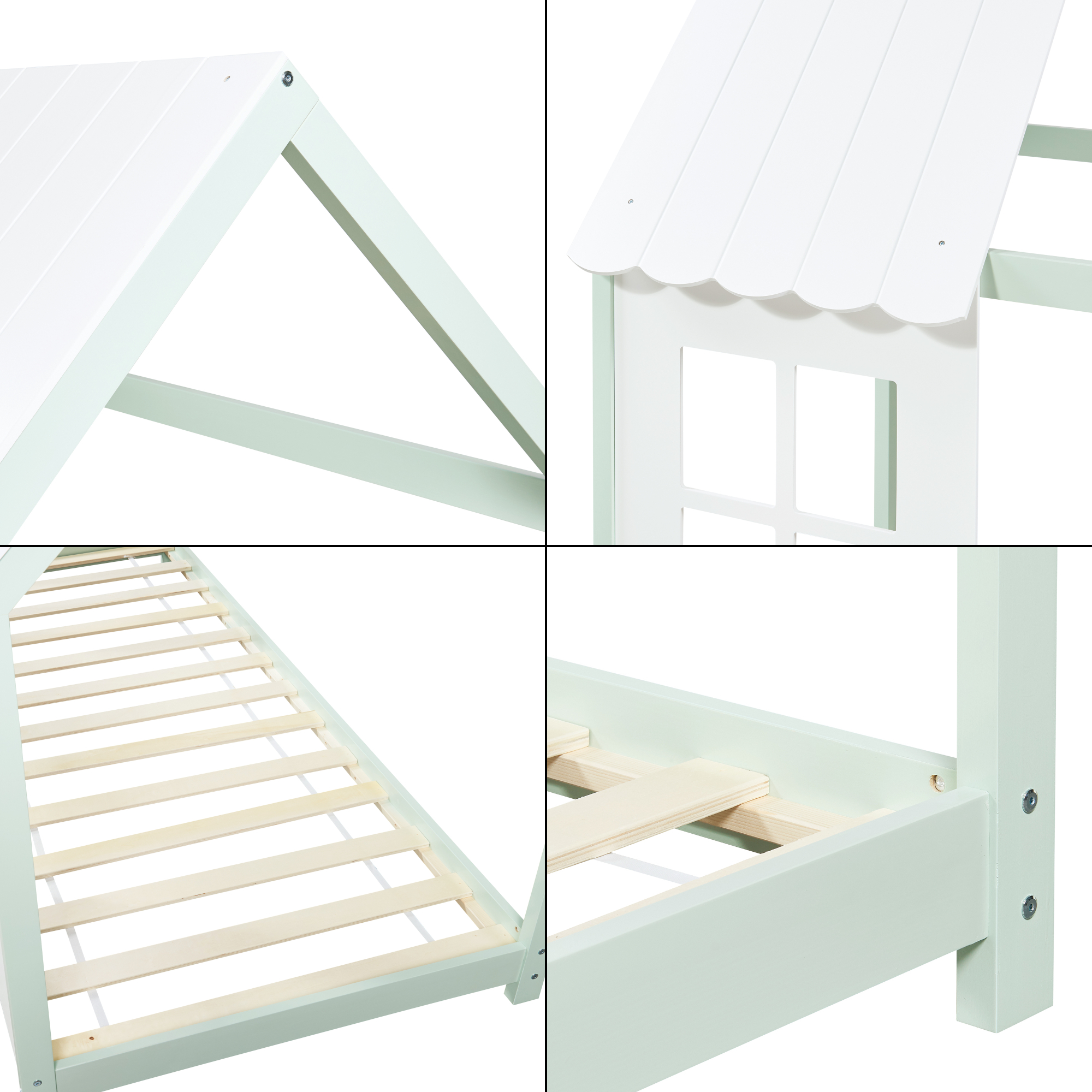 Pat copii tip căsuță semi-deschis cu saltea 90x200 cm, mentă/alb
