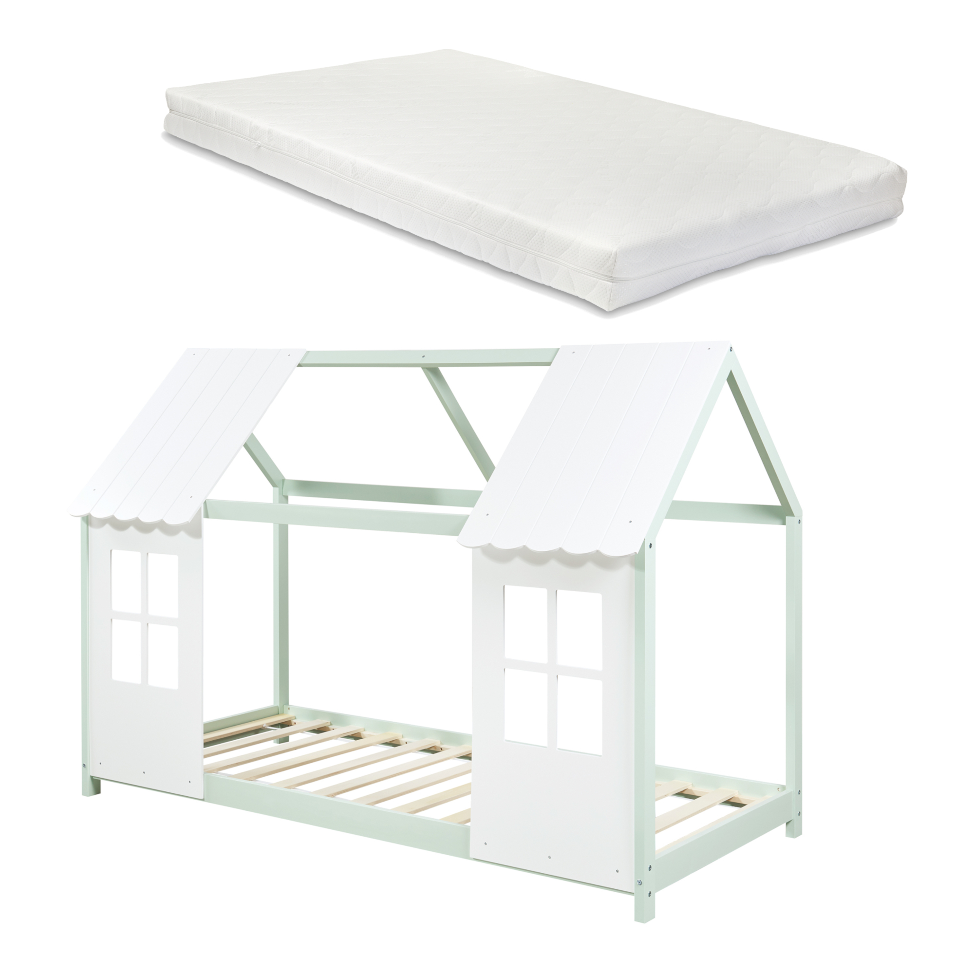 Pat copii tip căsuță semi-deschis cu saltea 90x200 cm, mentă/alb