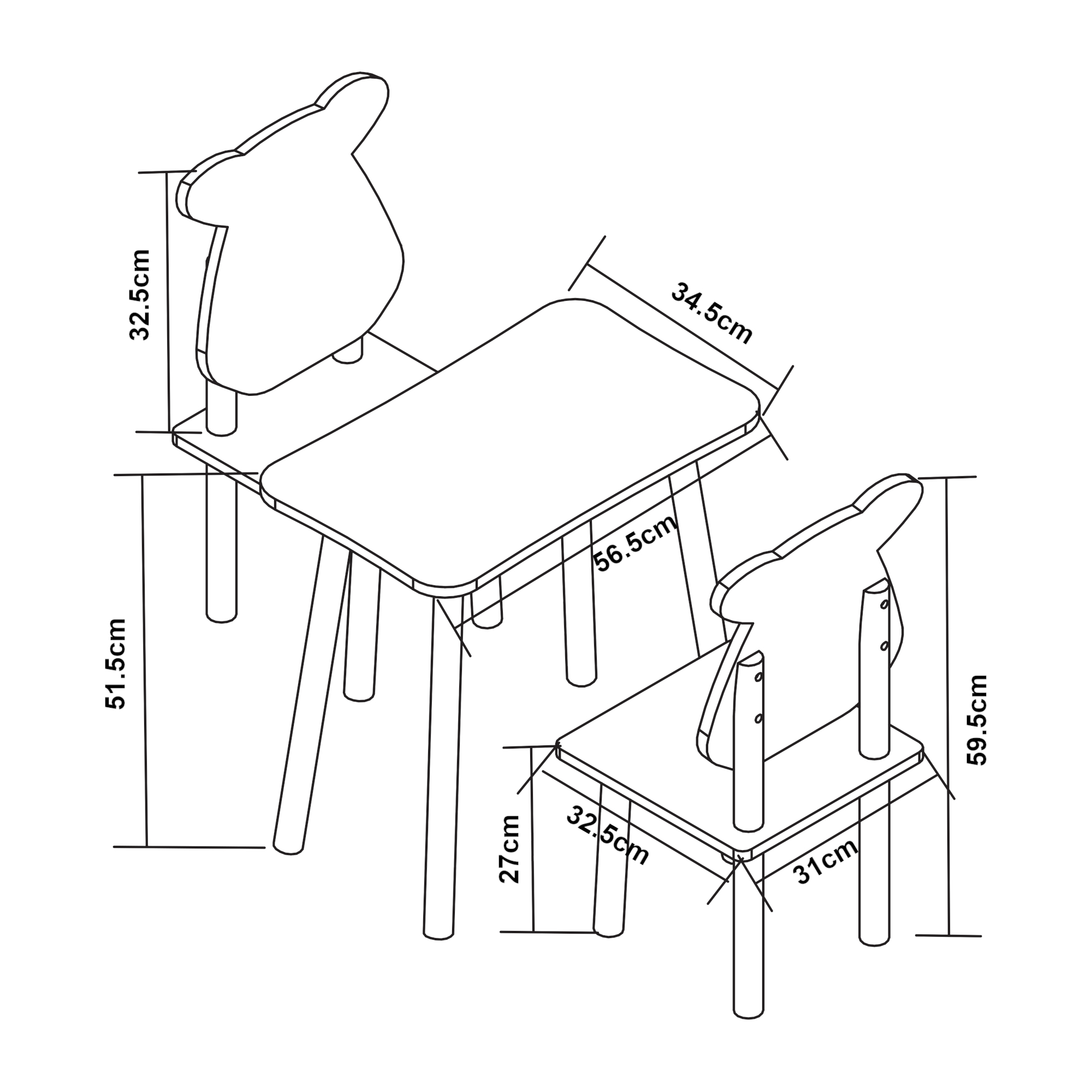 Set masă și 2 scaune pentru copii, design ursuleț, alb