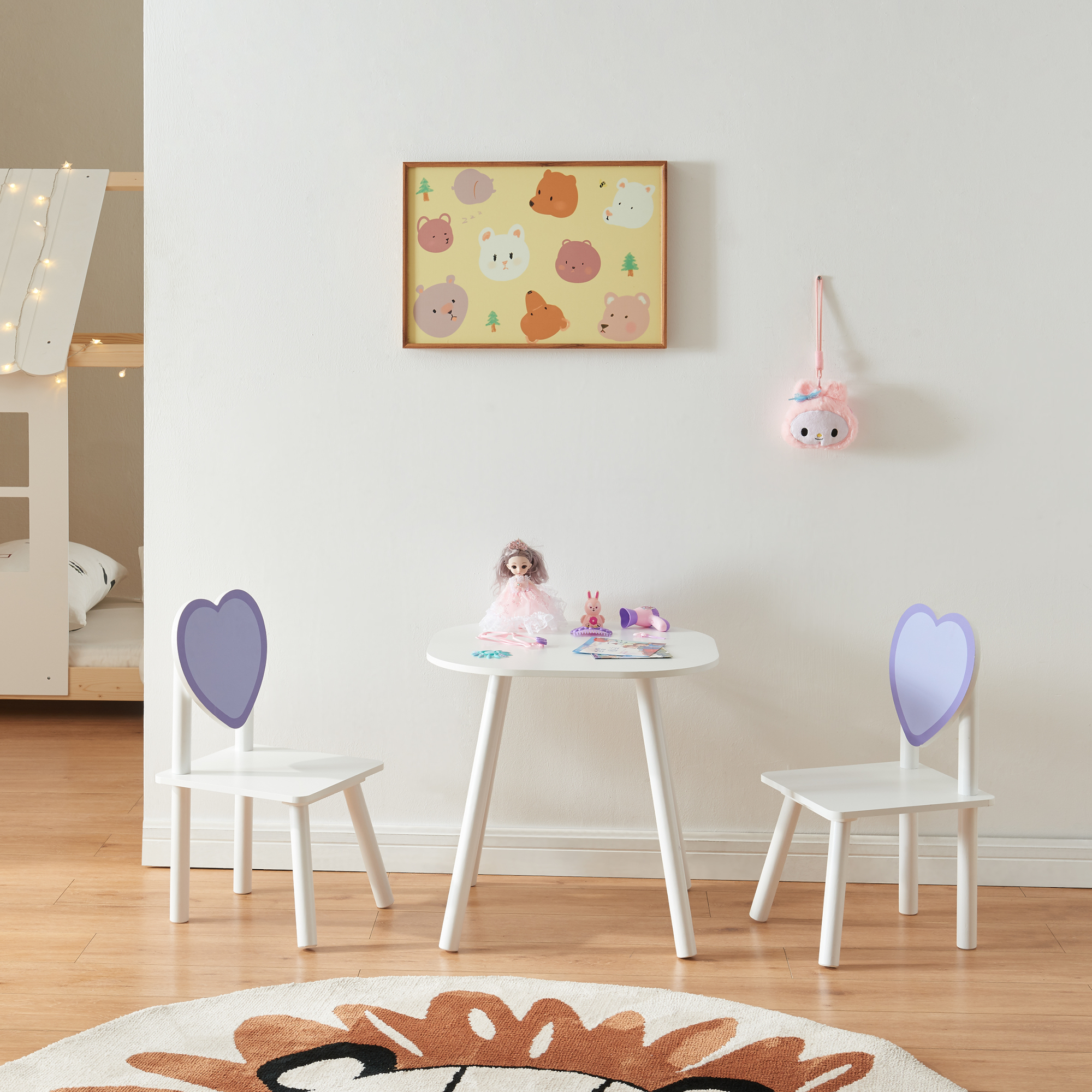 Set masă și 2 scaune pentru copii Siljan, alb/lila, design inimă