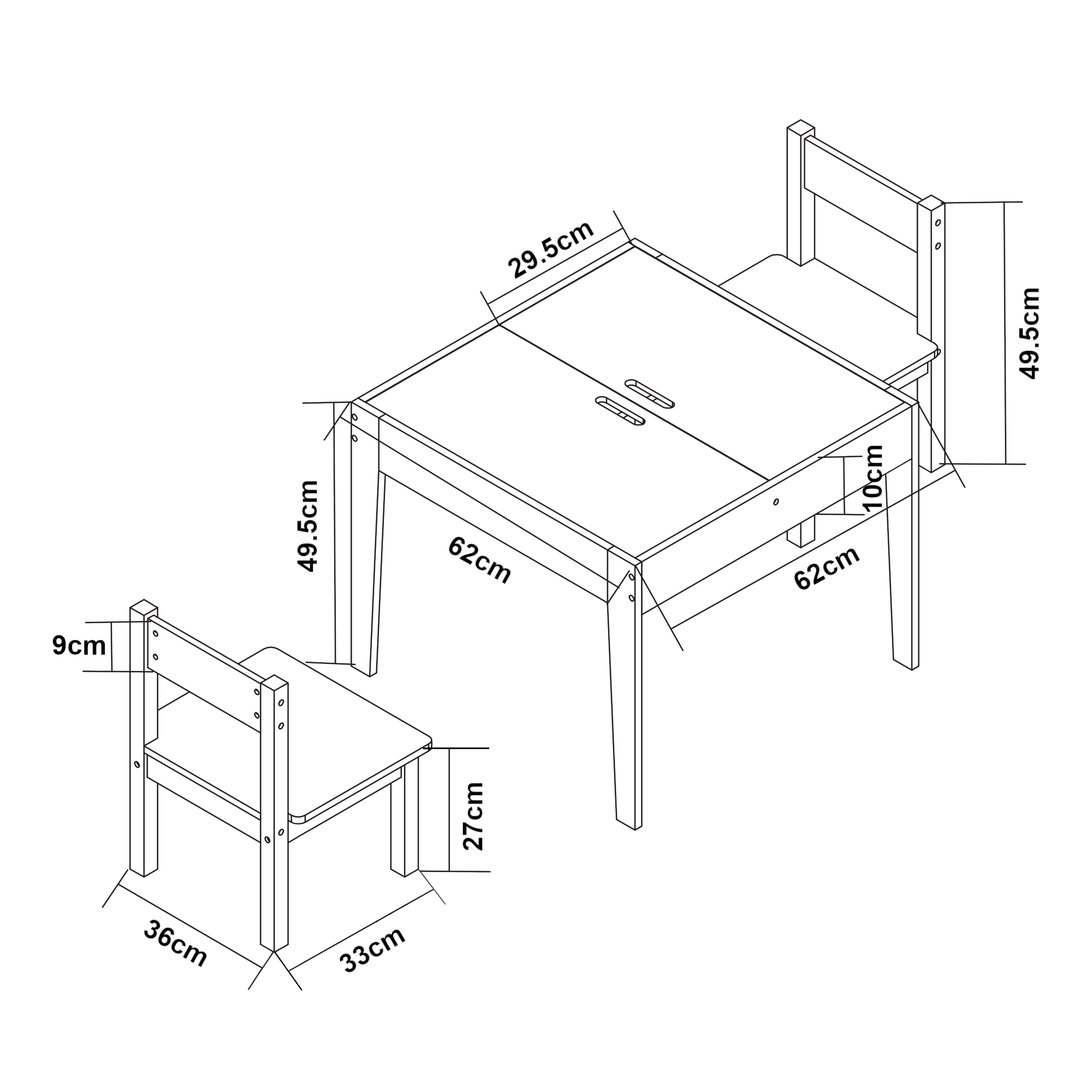Set masă și 2 scaune pentru copii cu tablă și spații depozitare