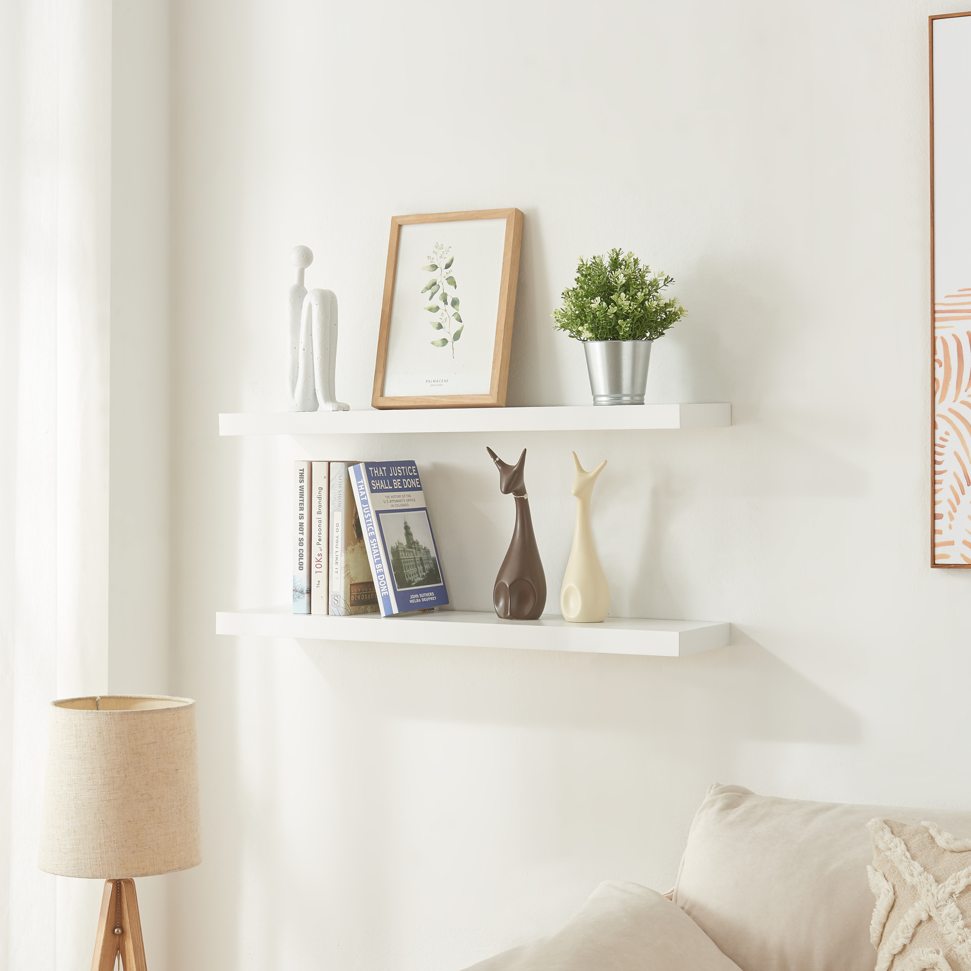 Set 2 rafturi de perete albe Stranda 80x20 cm, MDF si metal