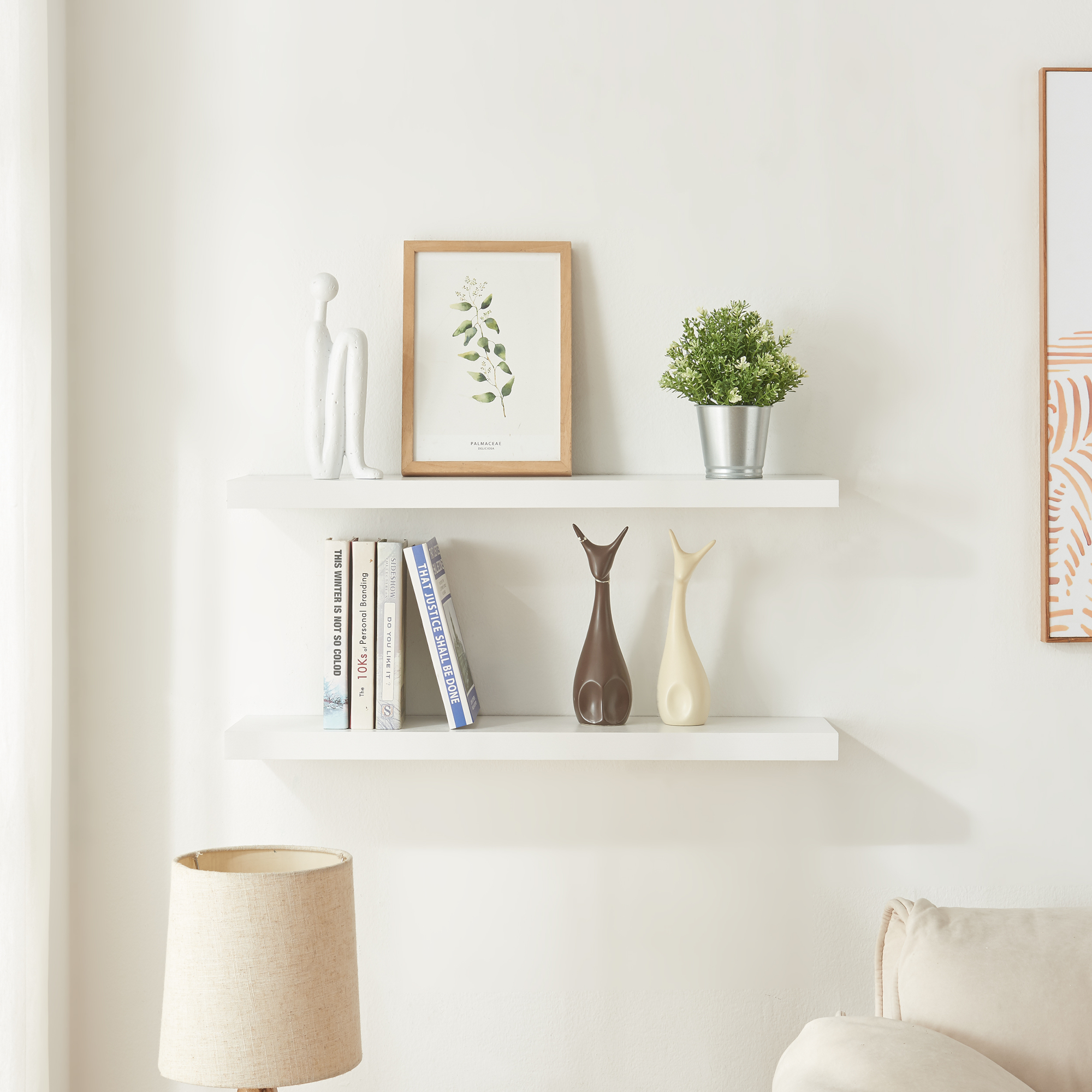 Set 2 rafturi de perete albe Stranda 80x20 cm, MDF si metal