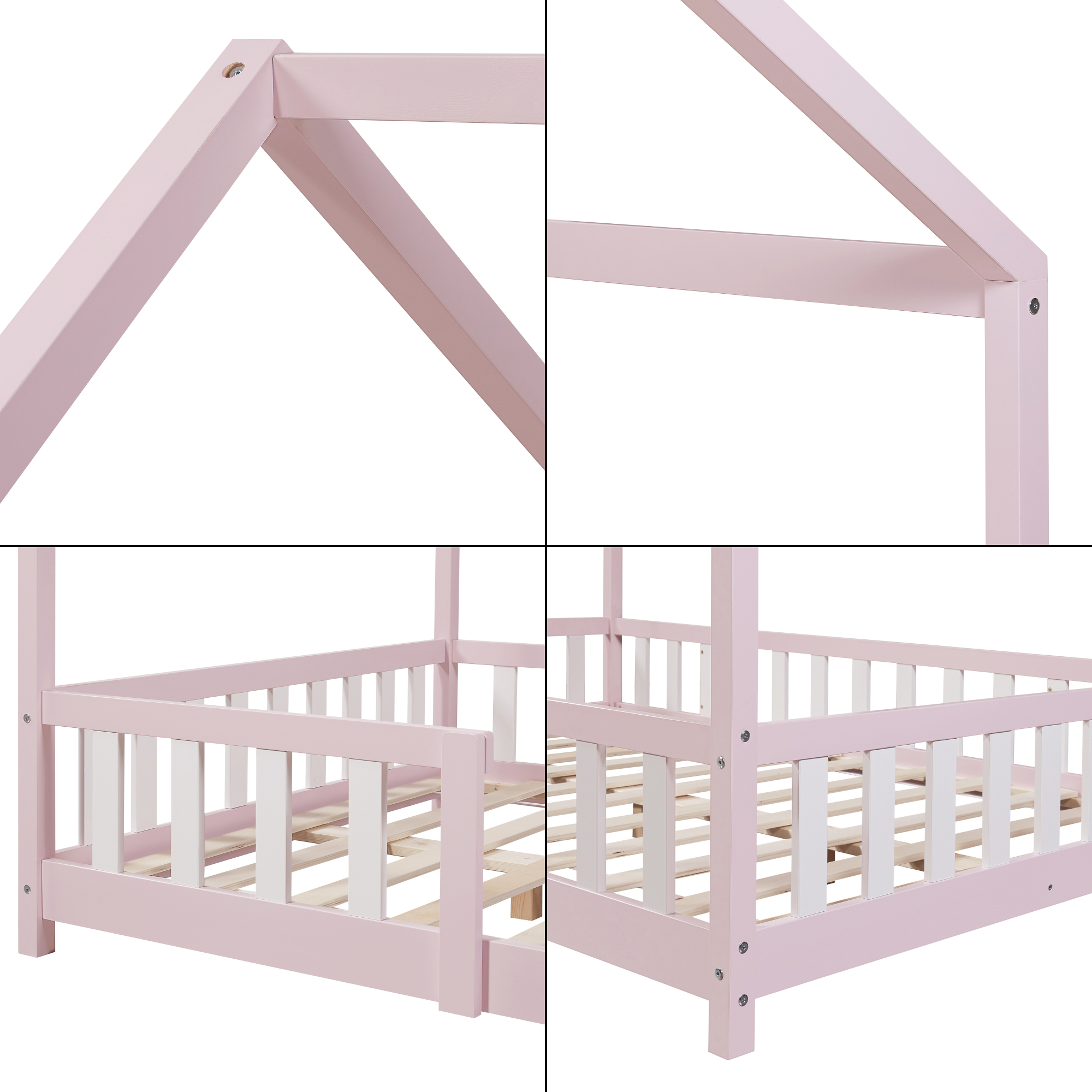 Pat copii tip căsuță 120x200 cm roz cu protecție laterală