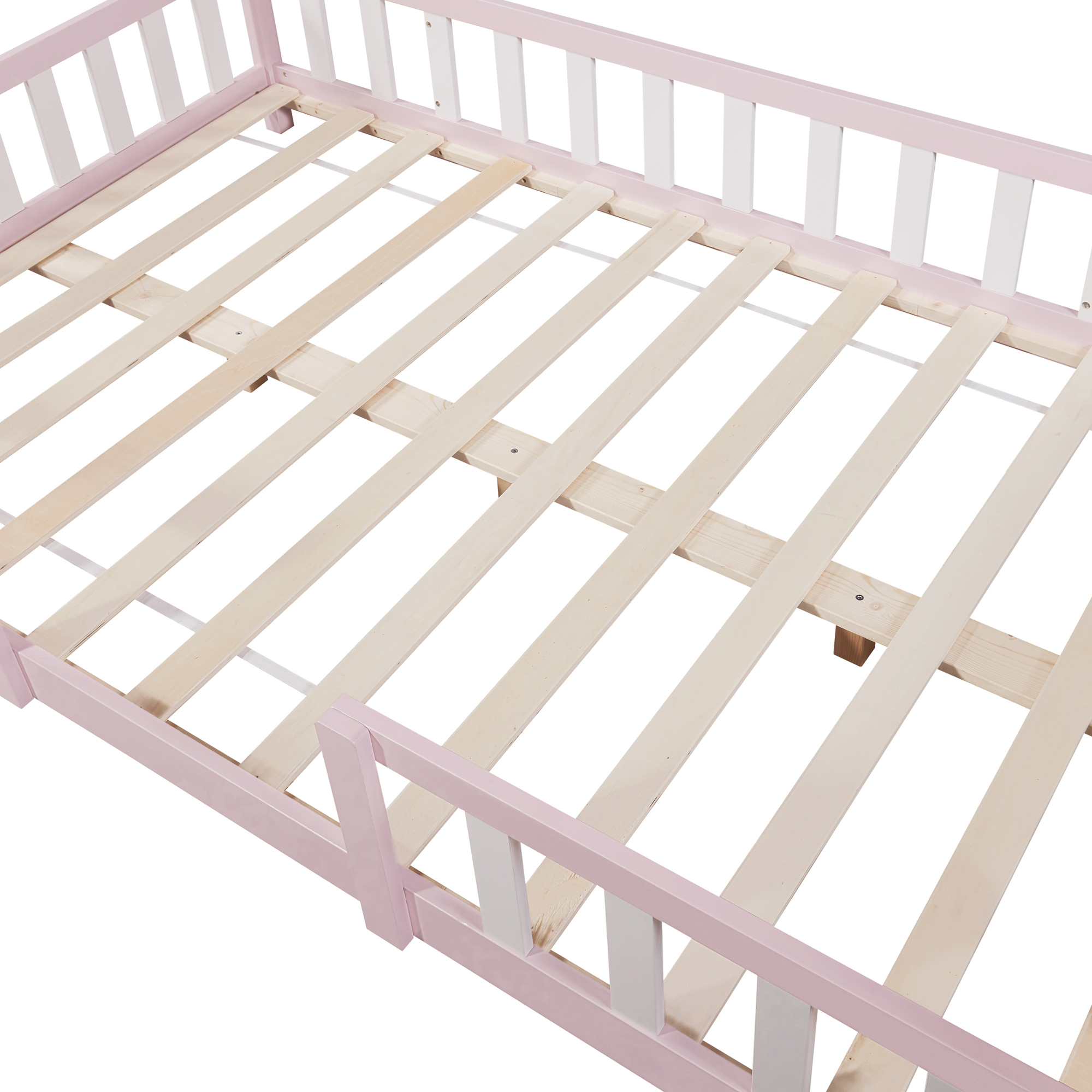 Pat copii tip căsuță 120x200 cm roz cu protecție laterală