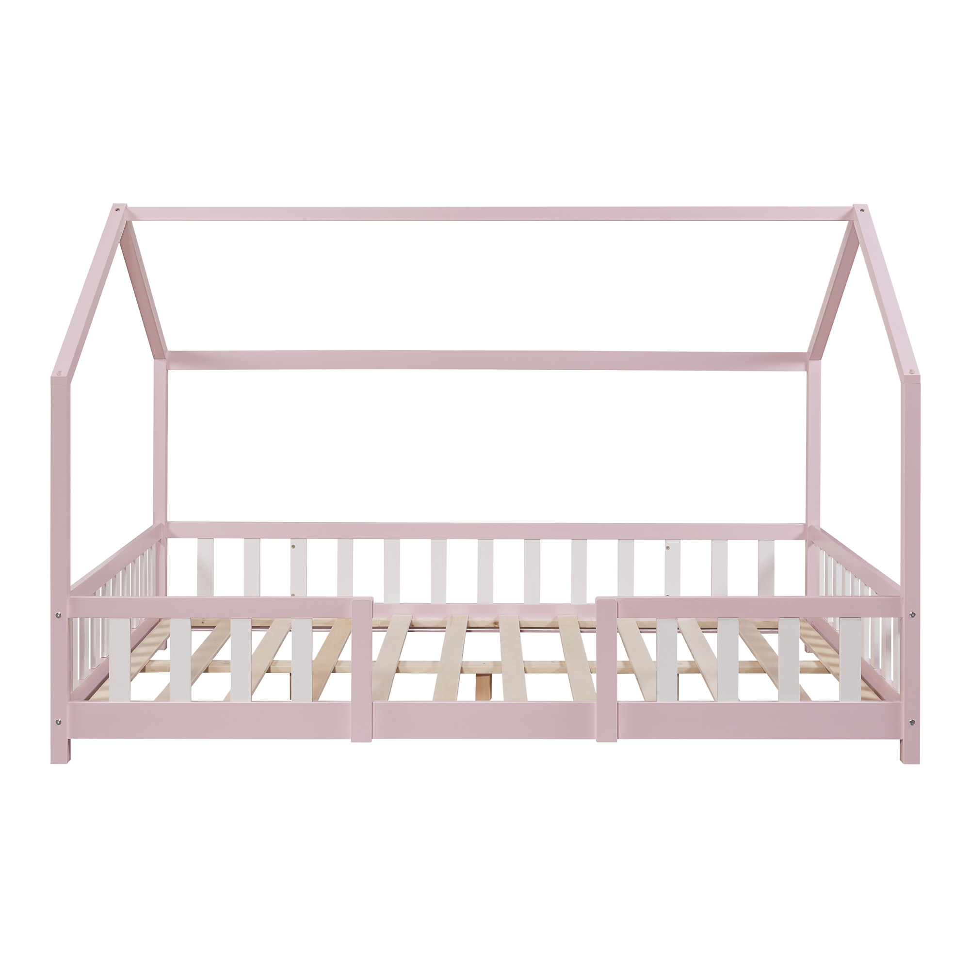 Pat copii tip căsuță 120x200 cm roz cu protecție laterală