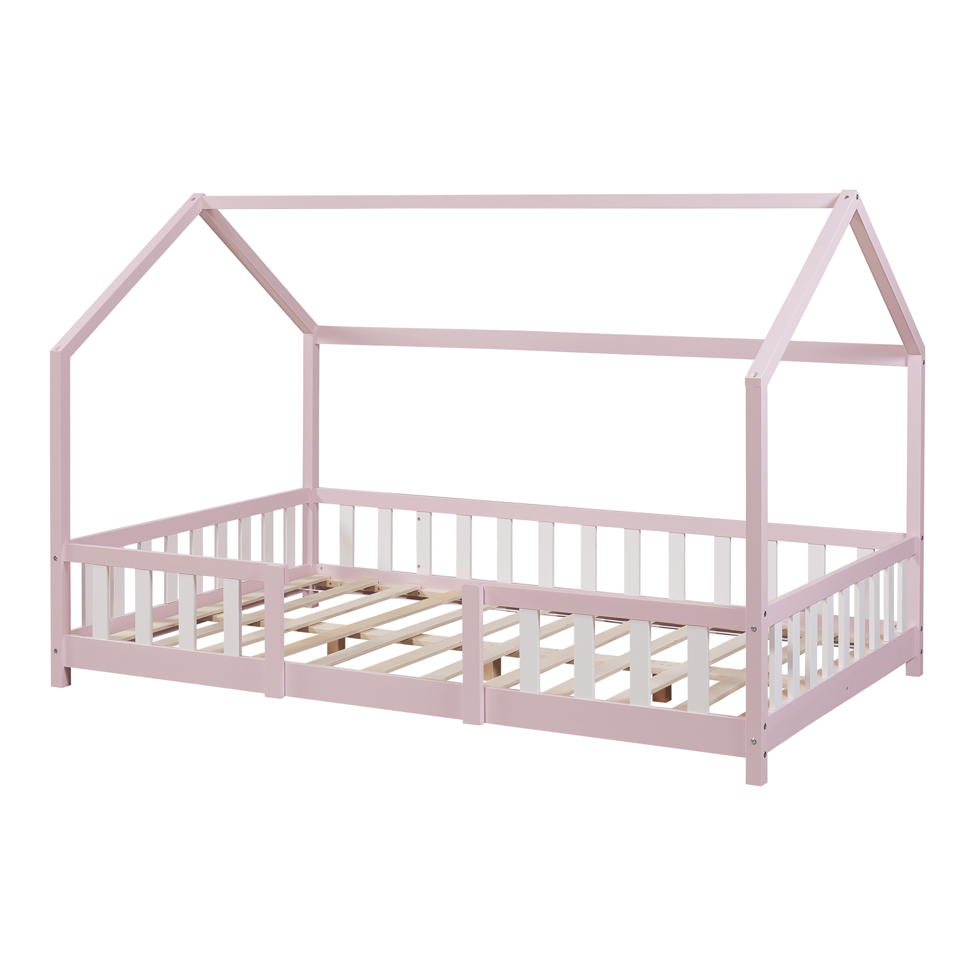 Pat copii tip căsuță 120x200 cm roz cu protecție laterală