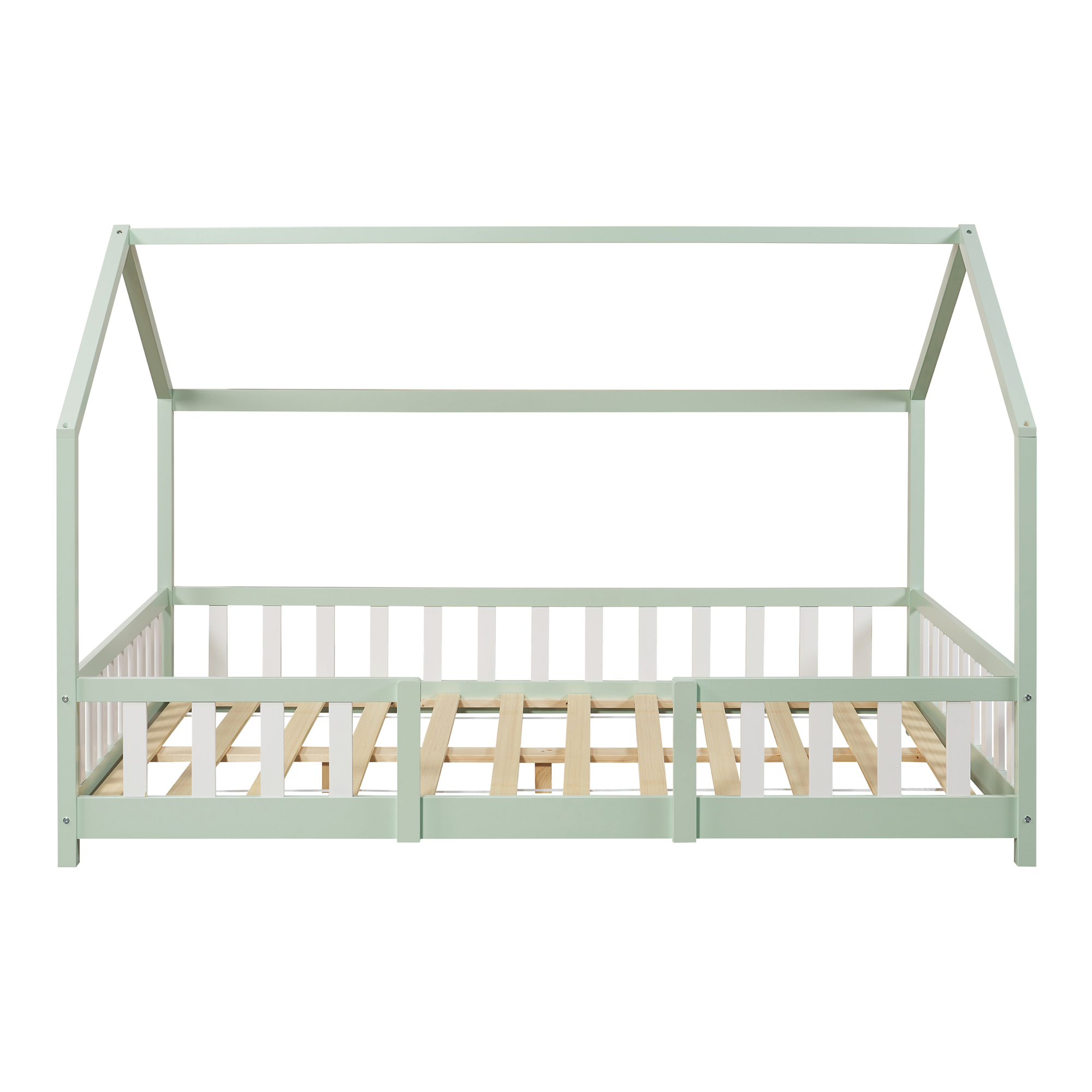 Pat copii tip căsuță 140x200 cm verde mentă cu protecție
