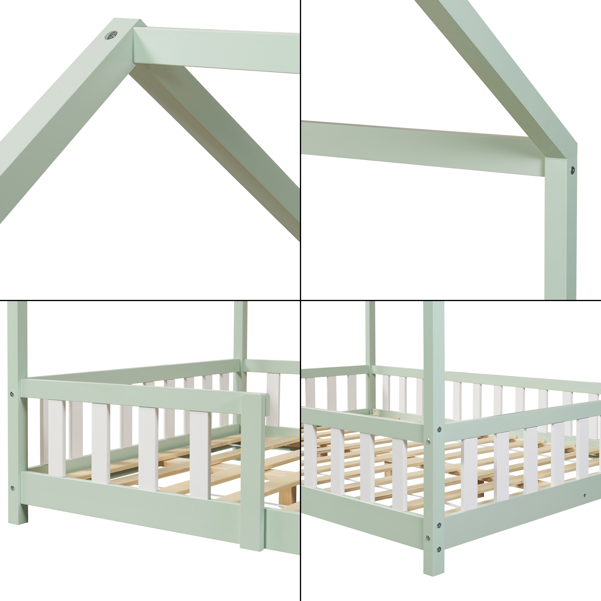 Pat copii tip căsuță 140x200 cm verde mentă cu protecție