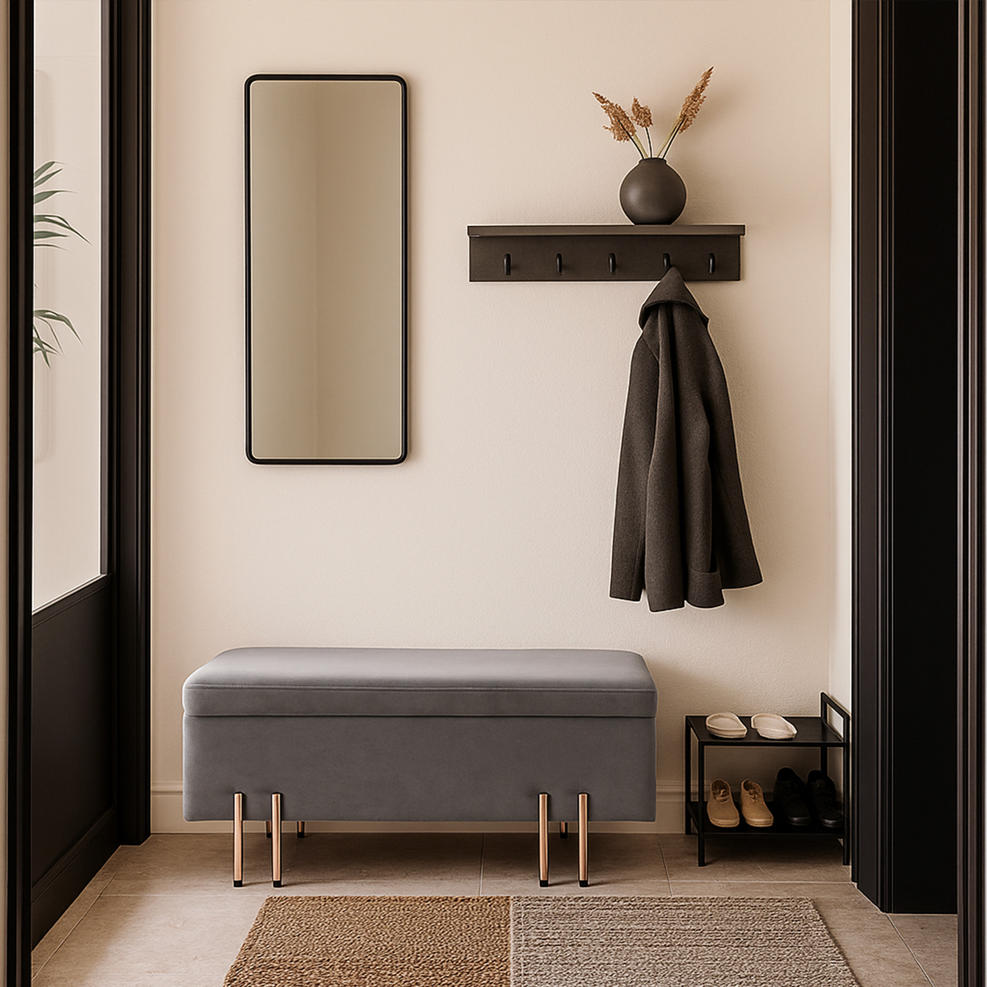 Banchetă cu spațiu de depozitare Dals, catifea gri, 100x40x42 cm