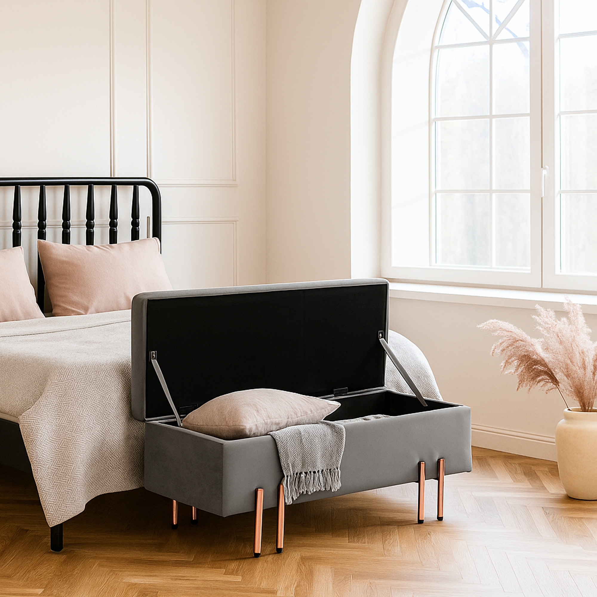 Banchetă cu spațiu de depozitare Dals, catifea gri, 100x40x42 cm