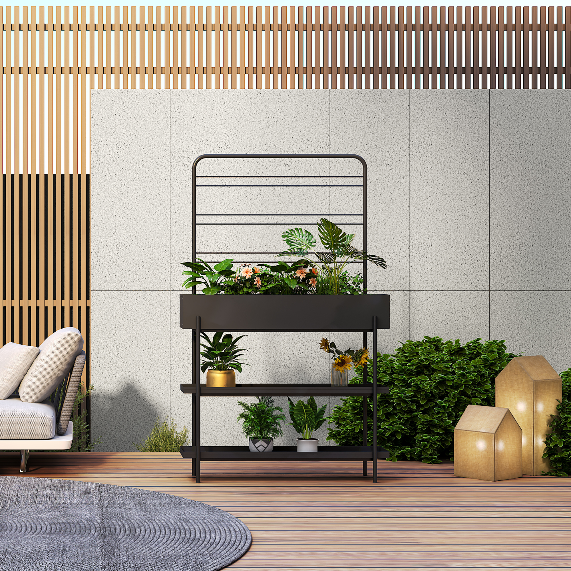 Jardinieră cu suport pentru exterior Aalsmeer, metal, 154x96x24 cm, negru