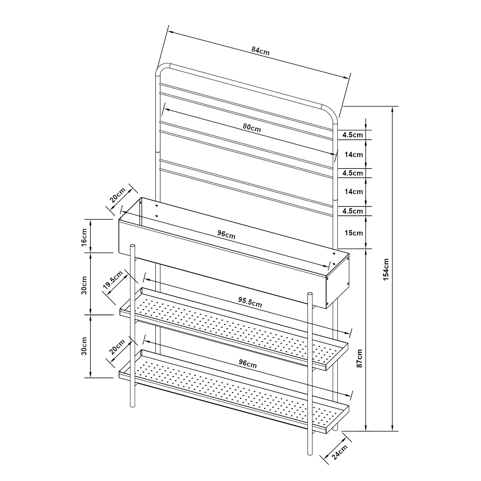 Jardinieră cu suport pentru exterior Aalsmeer, metal, 154x96x24 cm, negru