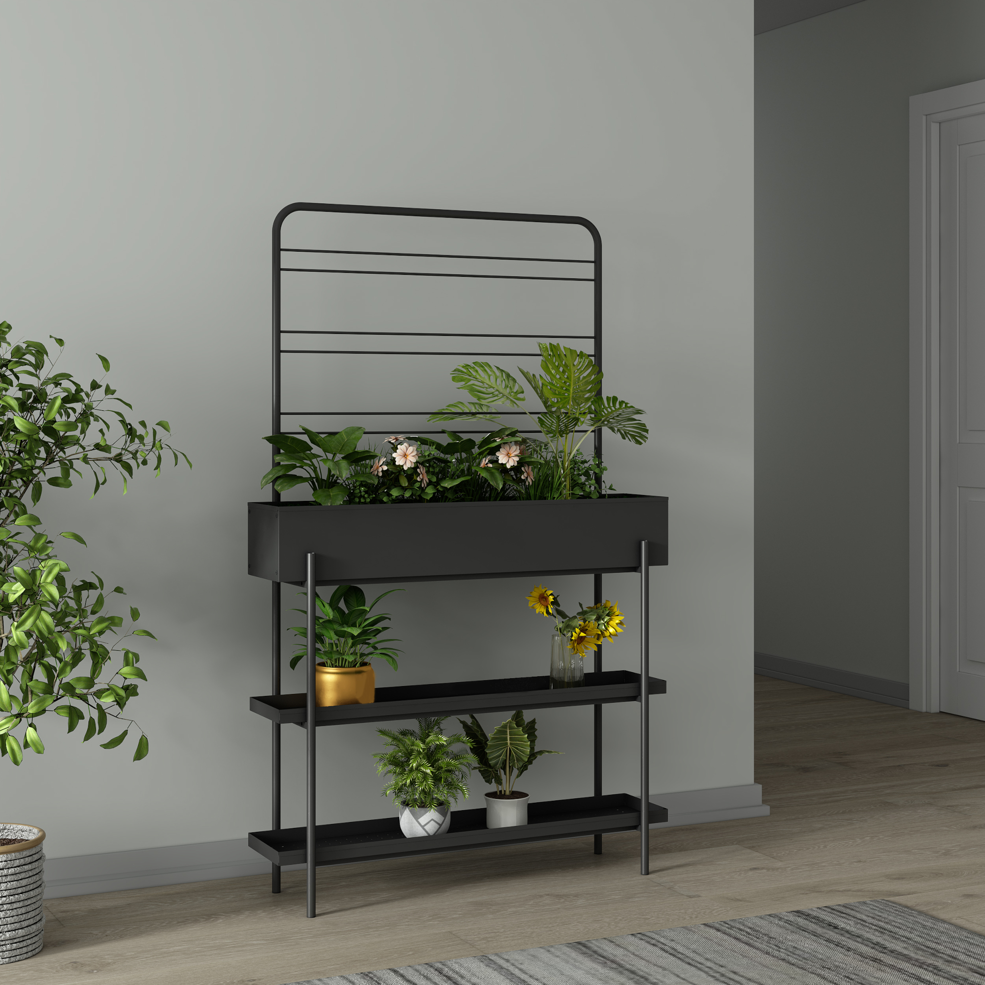 Jardinieră cu suport pentru exterior Aalsmeer, metal, 154x96x24 cm, negru