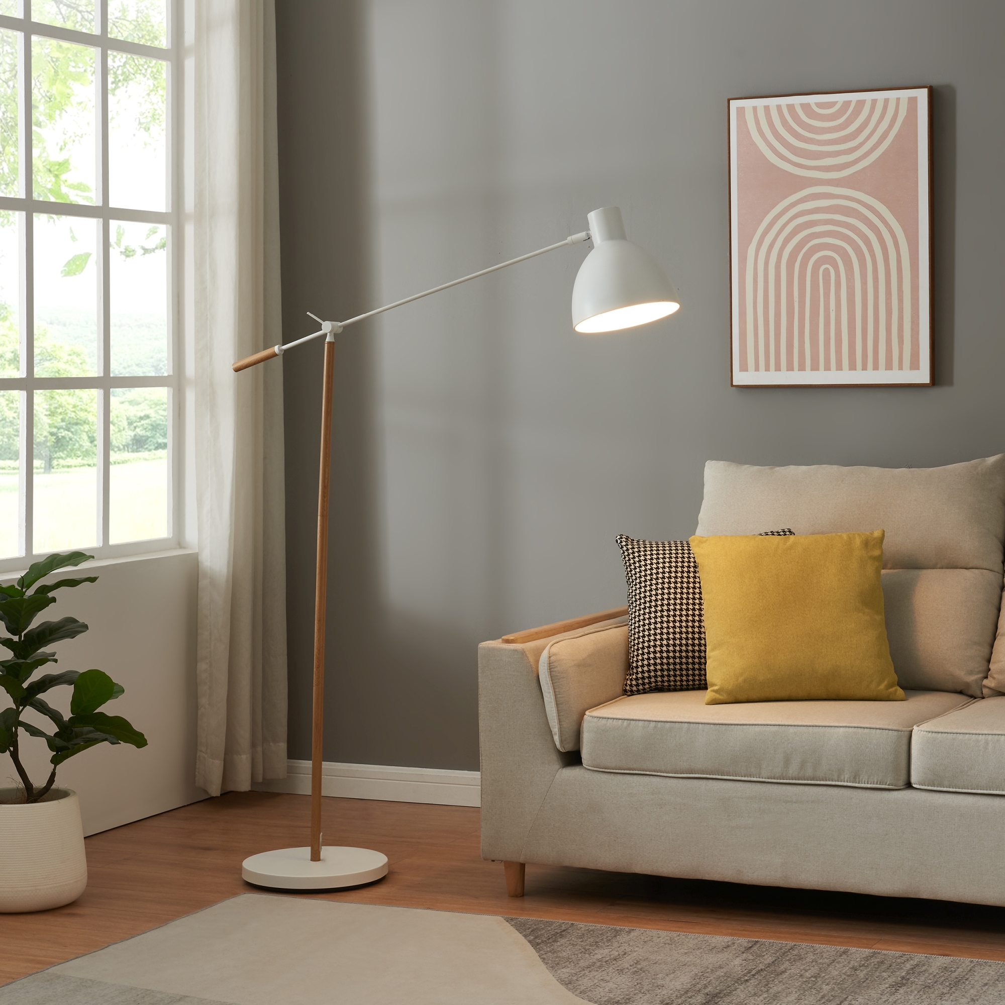 Lampadar Banchory din metal, 163 cm, aspect lemn și alb