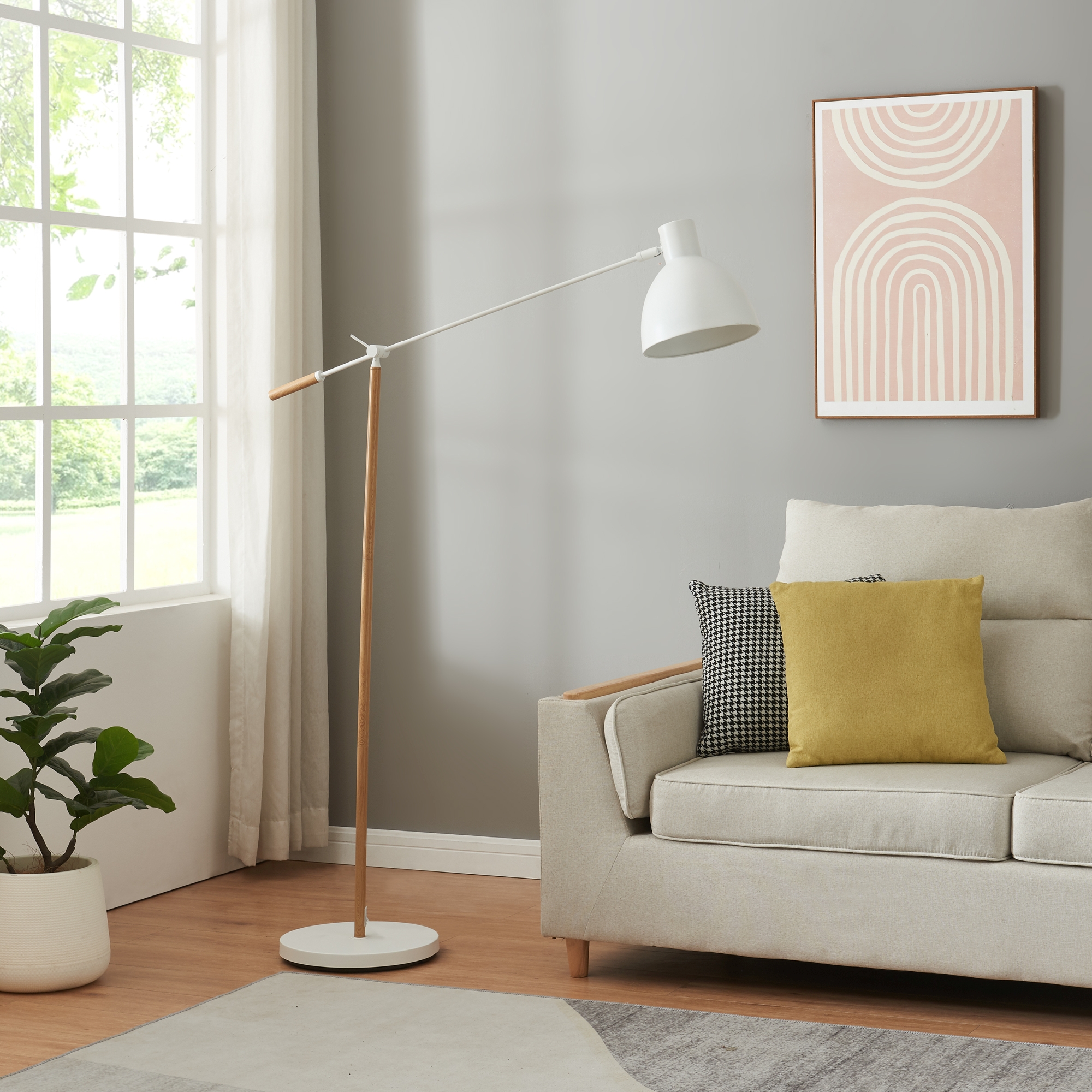 Lampadar Banchory din metal, 163 cm, aspect lemn și alb