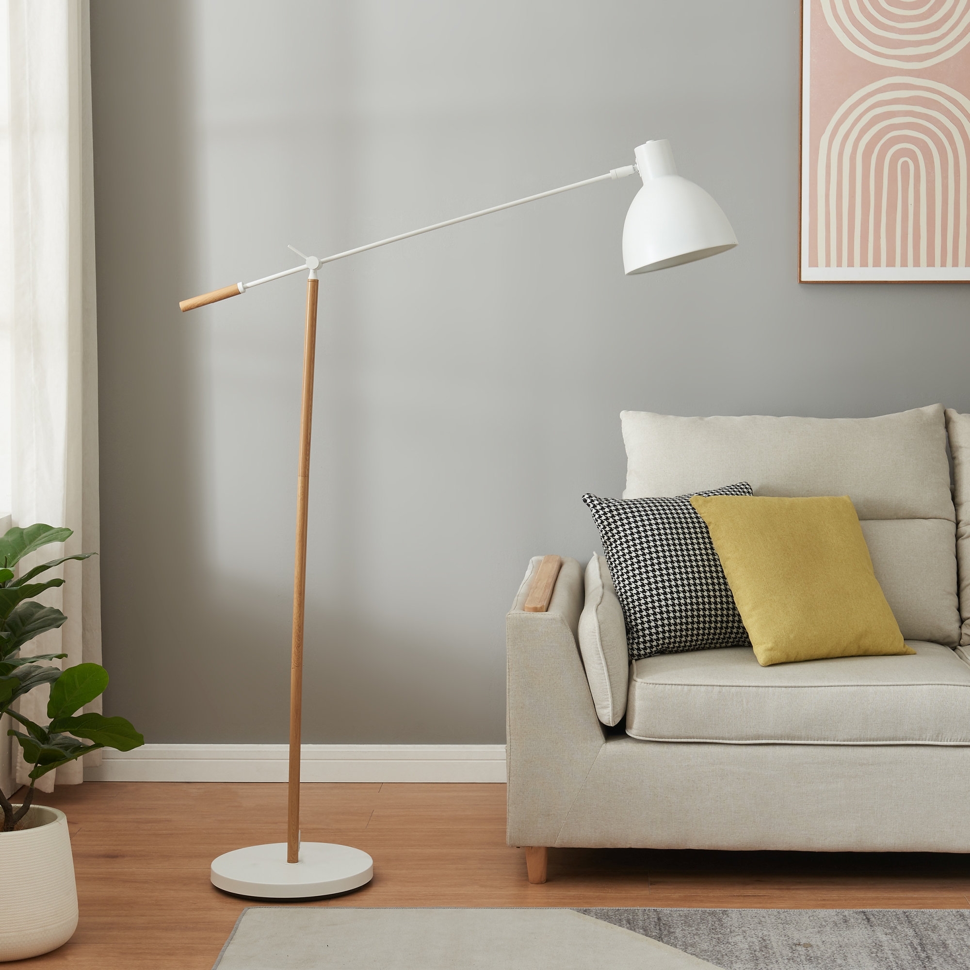 Lampadar Banchory din metal, 163 cm, aspect lemn și alb