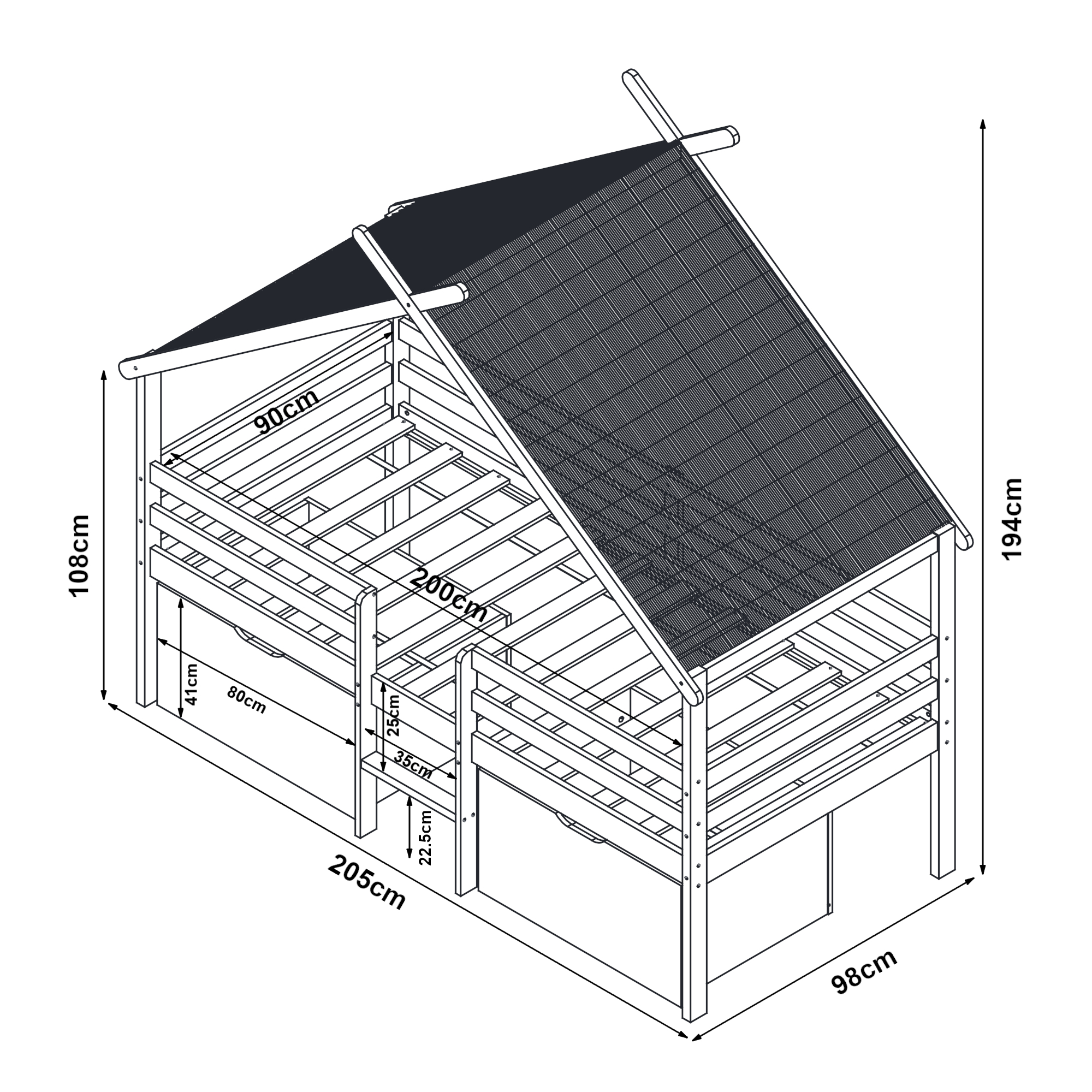 Pat căsuță pentru copii 90x200 cm din lemn de pin, alb/natur, cu sertare