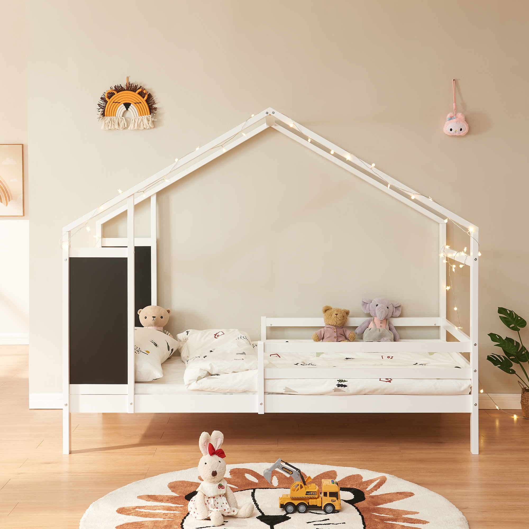 Pat copii tip căsuță Lorenskog 90x200 cm cu saltea, alb