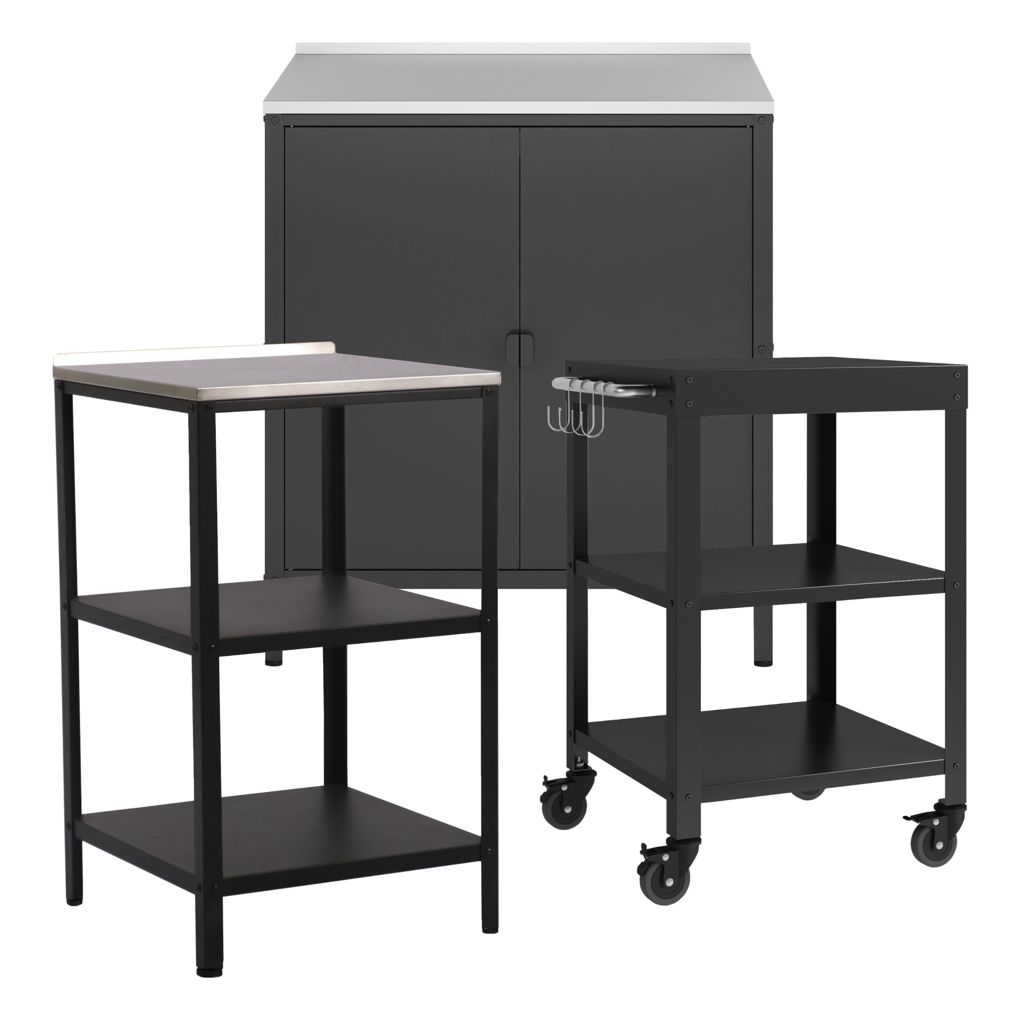 Set mobilier grădină Bolognano cu dulap, raft și cărucior, negru mat