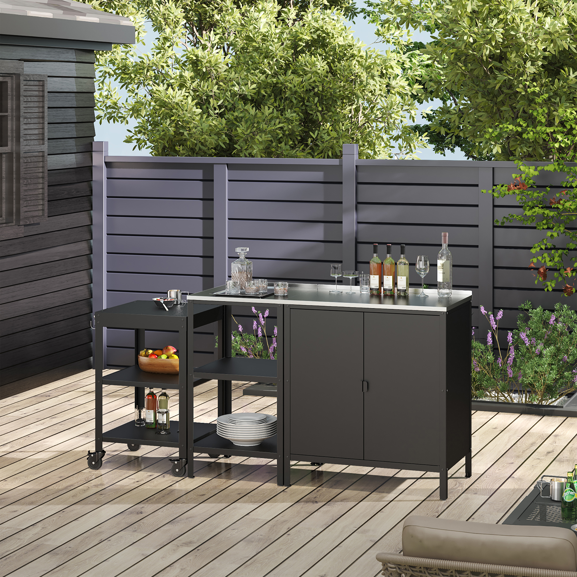 Set mobilier grădină Bolognano cu dulap, raft și cărucior, negru mat