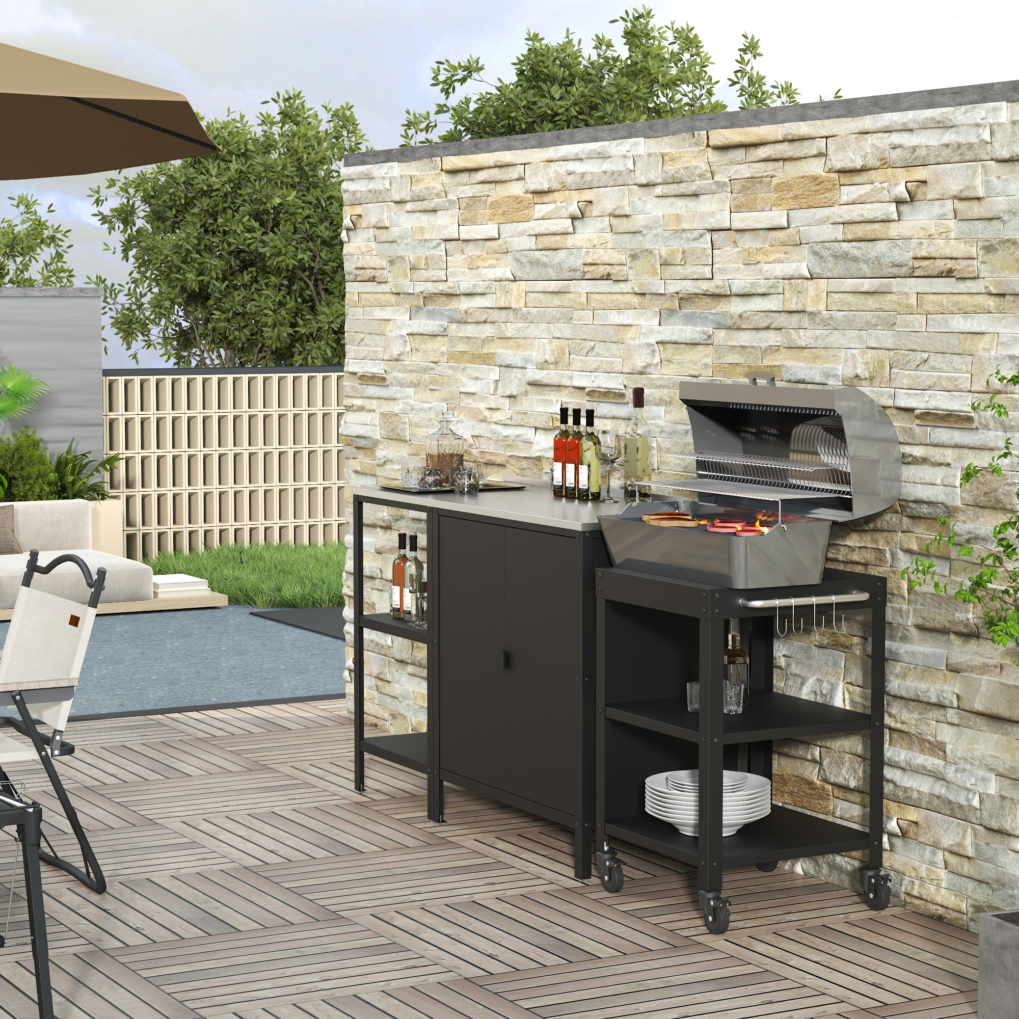 Set mobilier grădină Bolognano cu dulap, raft și cărucior, negru mat