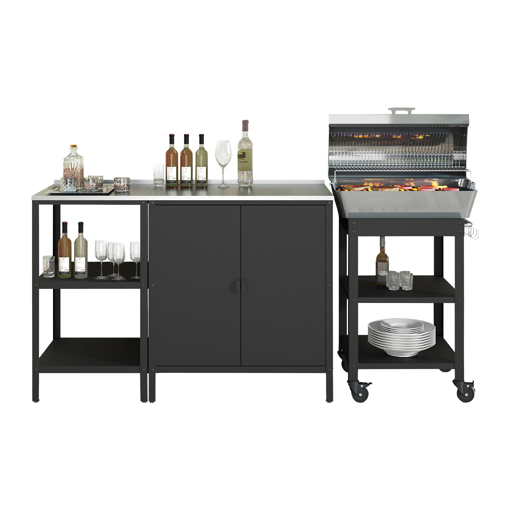 Set mobilier grădină Bolognano cu dulap, raft și cărucior, negru mat