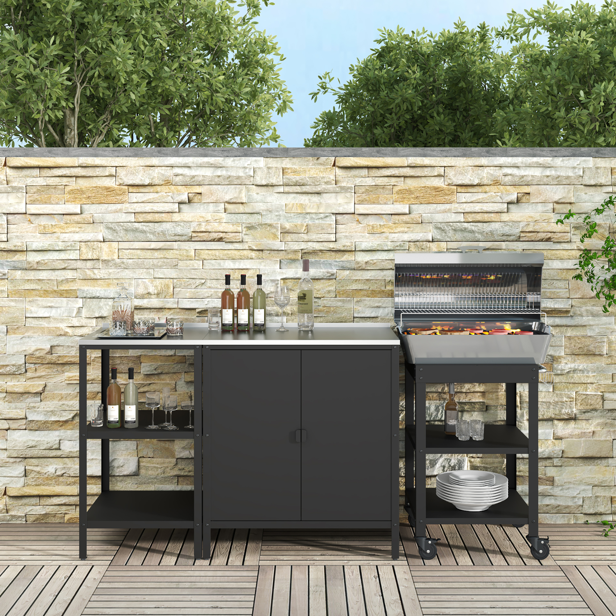 Set mobilier grădină Bolognano cu dulap, raft și cărucior, negru mat