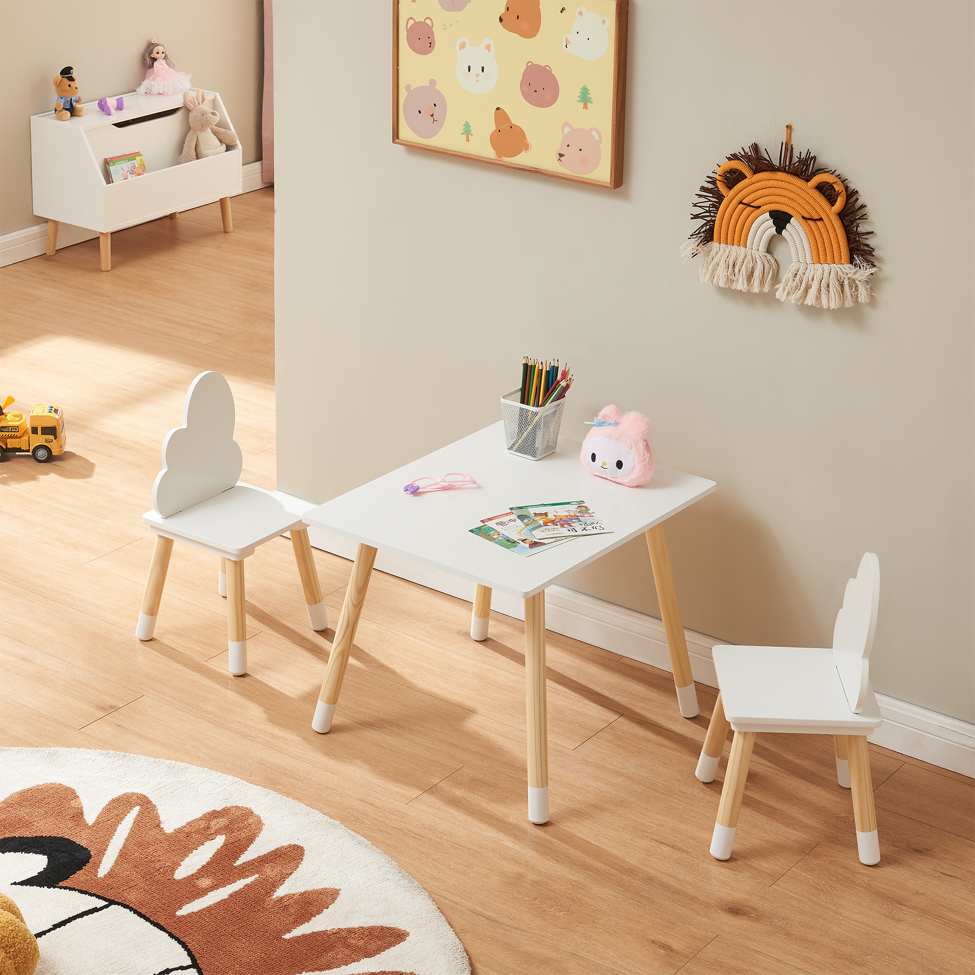 Set masă și 2 scaune pentru copii Hovle, design nori, alb
