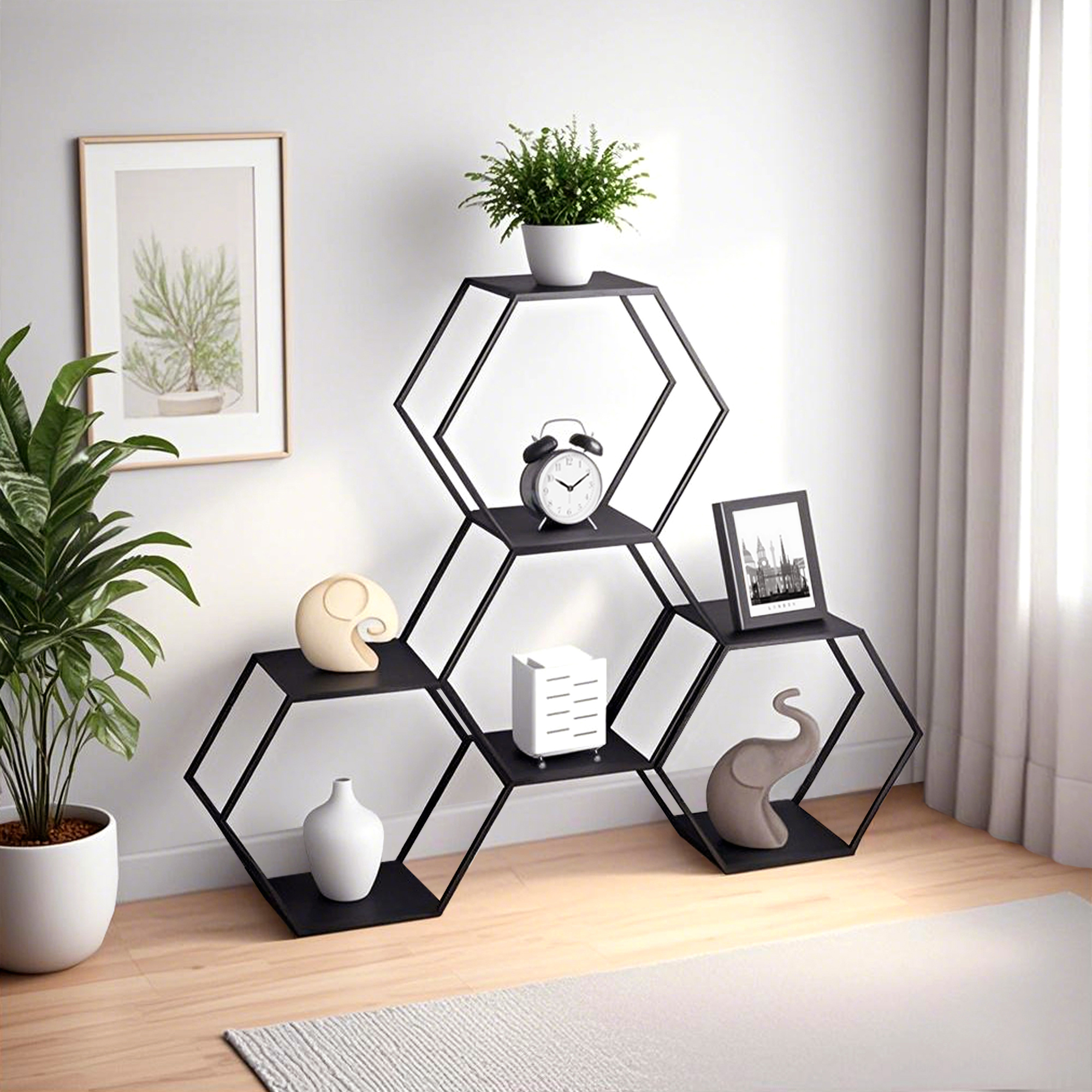 Set 4 rafturi hexagonale din oțel negru pentru decor și depozitare