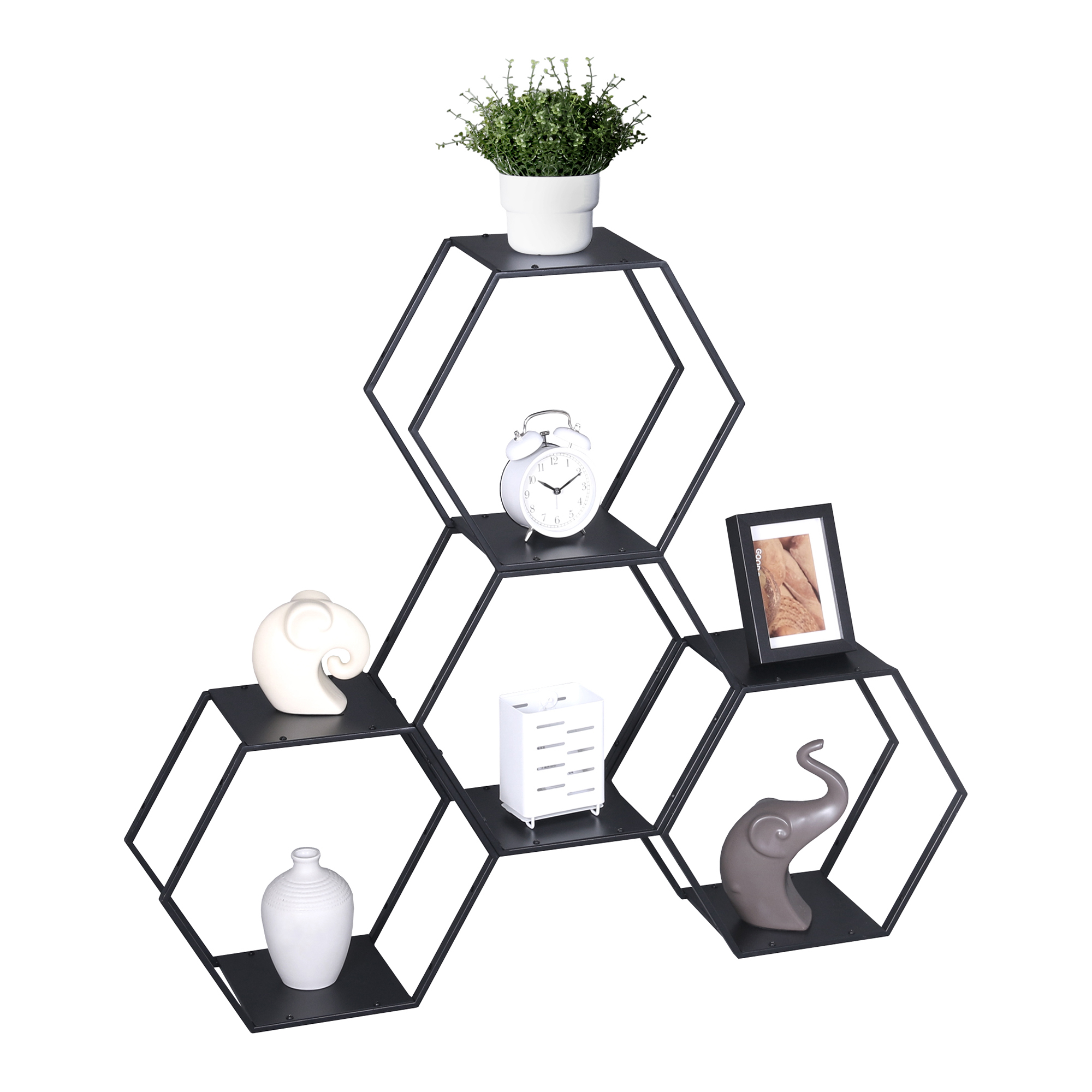 Set 4 rafturi hexagonale din oțel negru pentru decor și depozitare