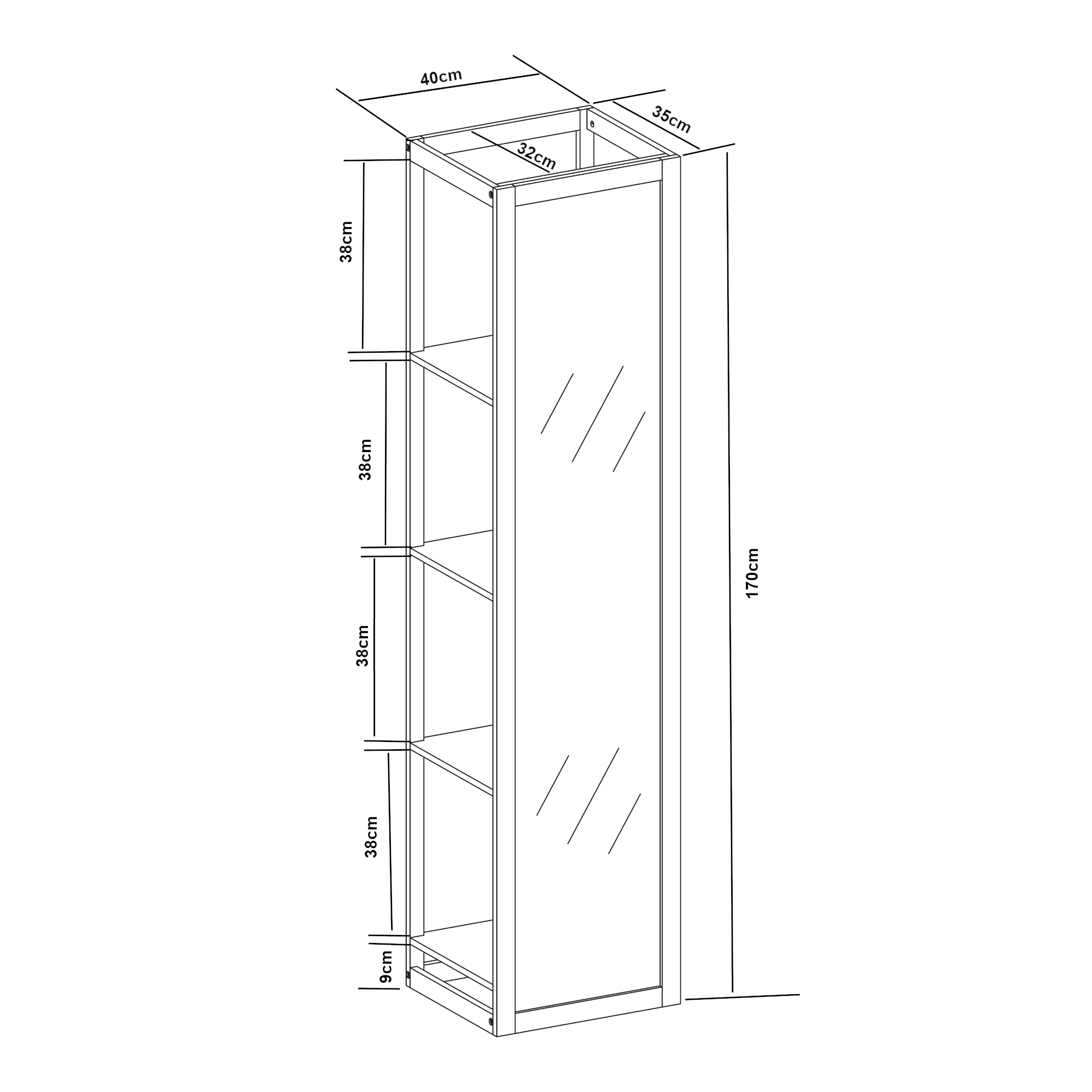 Raft cu oglindă din bambus, 4 polițe, 170x40x35 cm, natur/alb