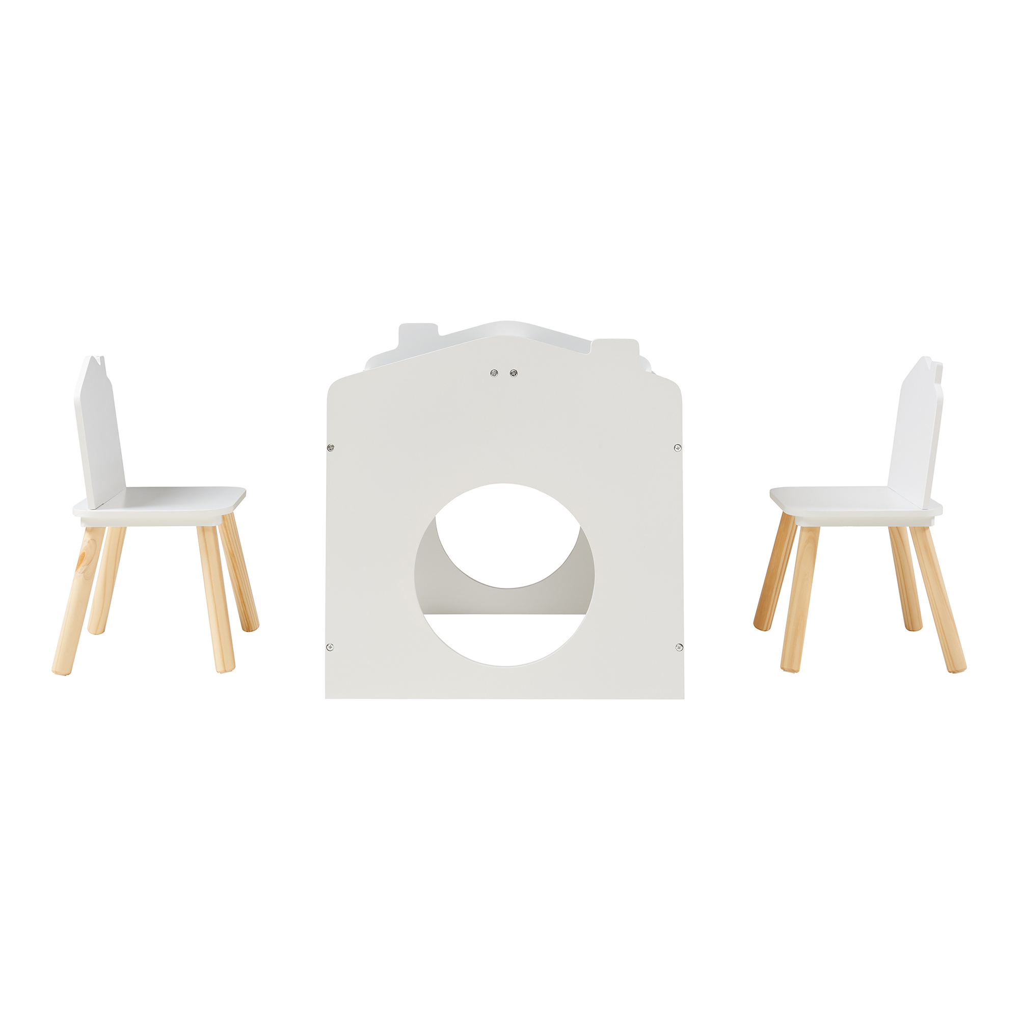 Masă de desen pentru copii Romso cu 2 scaune, albă, tip căsuță