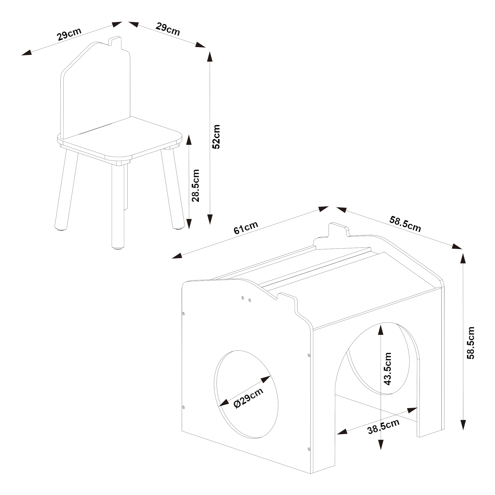 Masă de desen pentru copii Romso cu 2 scaune, albă, tip căsuță