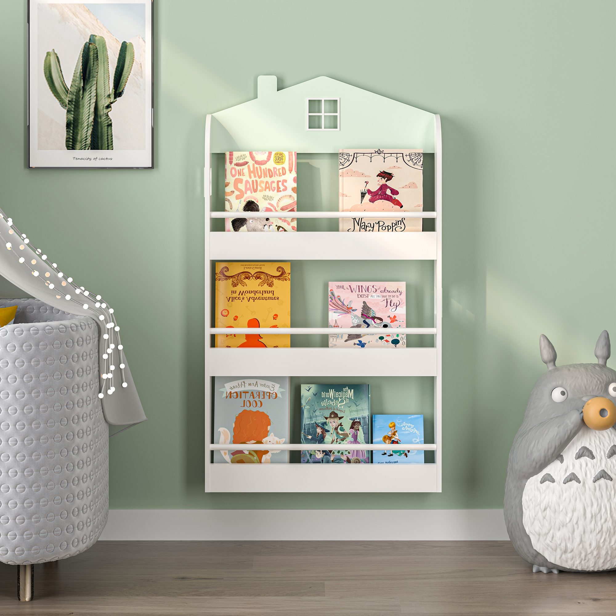 Raft pentru copii Vipsali tip căsuță, verde mentă/alb, 106x60x12 cm