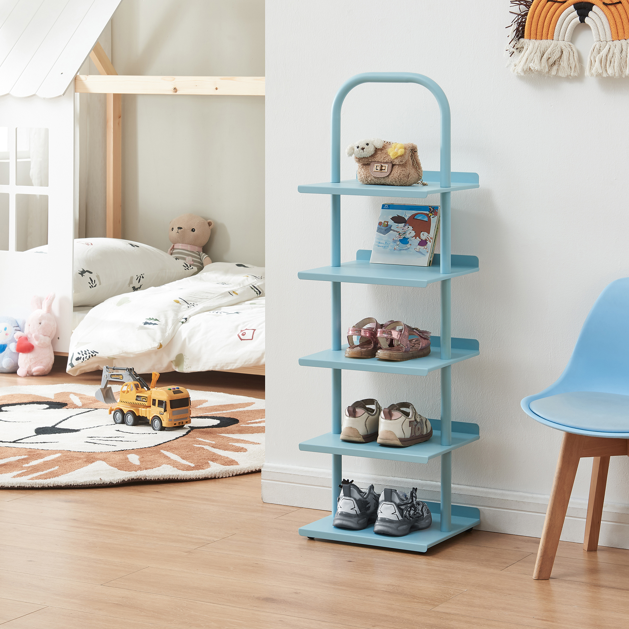 Raft pentru pantofi copii Poytya, oțel, 5 niveluri, 96x30x27 cm, albastru
