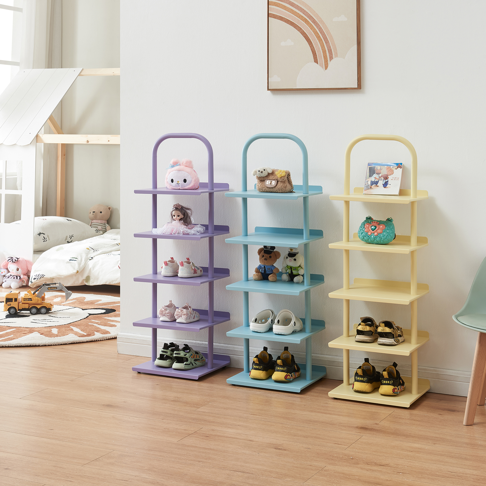 Raft pentru pantofi copii Poytya, oțel, 5 niveluri, 96x30x27 cm, albastru