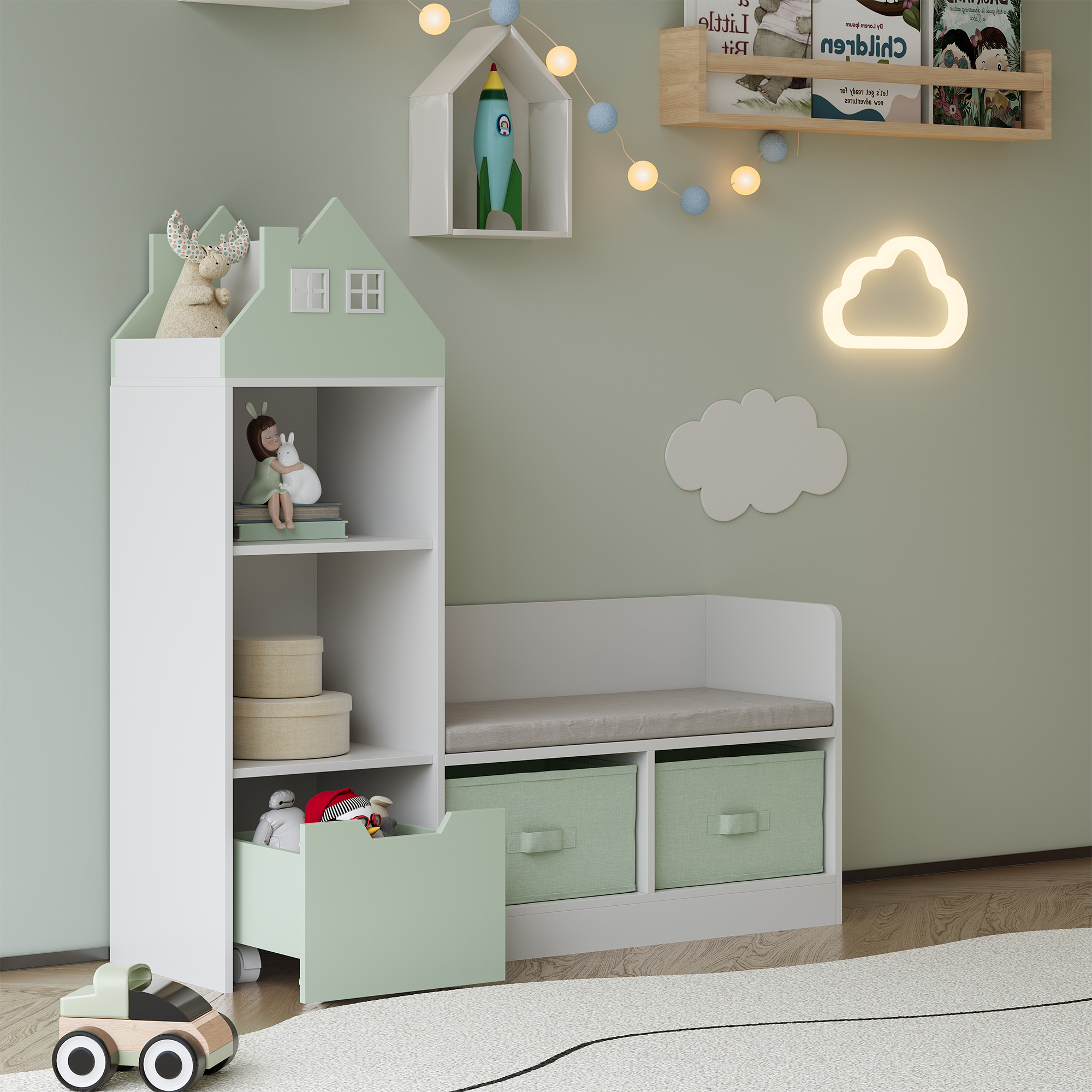 Bancă cu raft pentru copii Vipsali 100x99x30 cm, verde mentă/alb