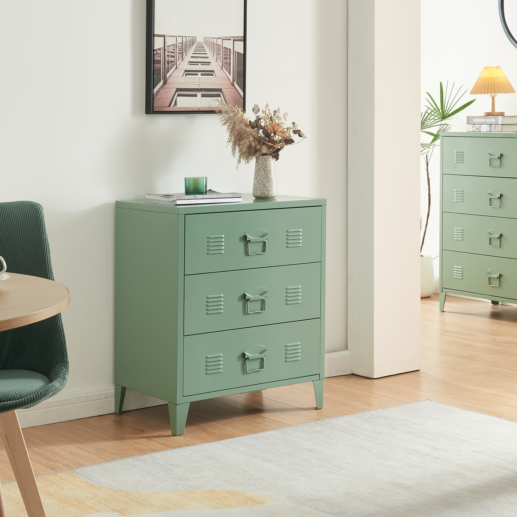 Comodă metalică cu 3 sertare Hameenlinna, 60x40x72 cm, verde mat