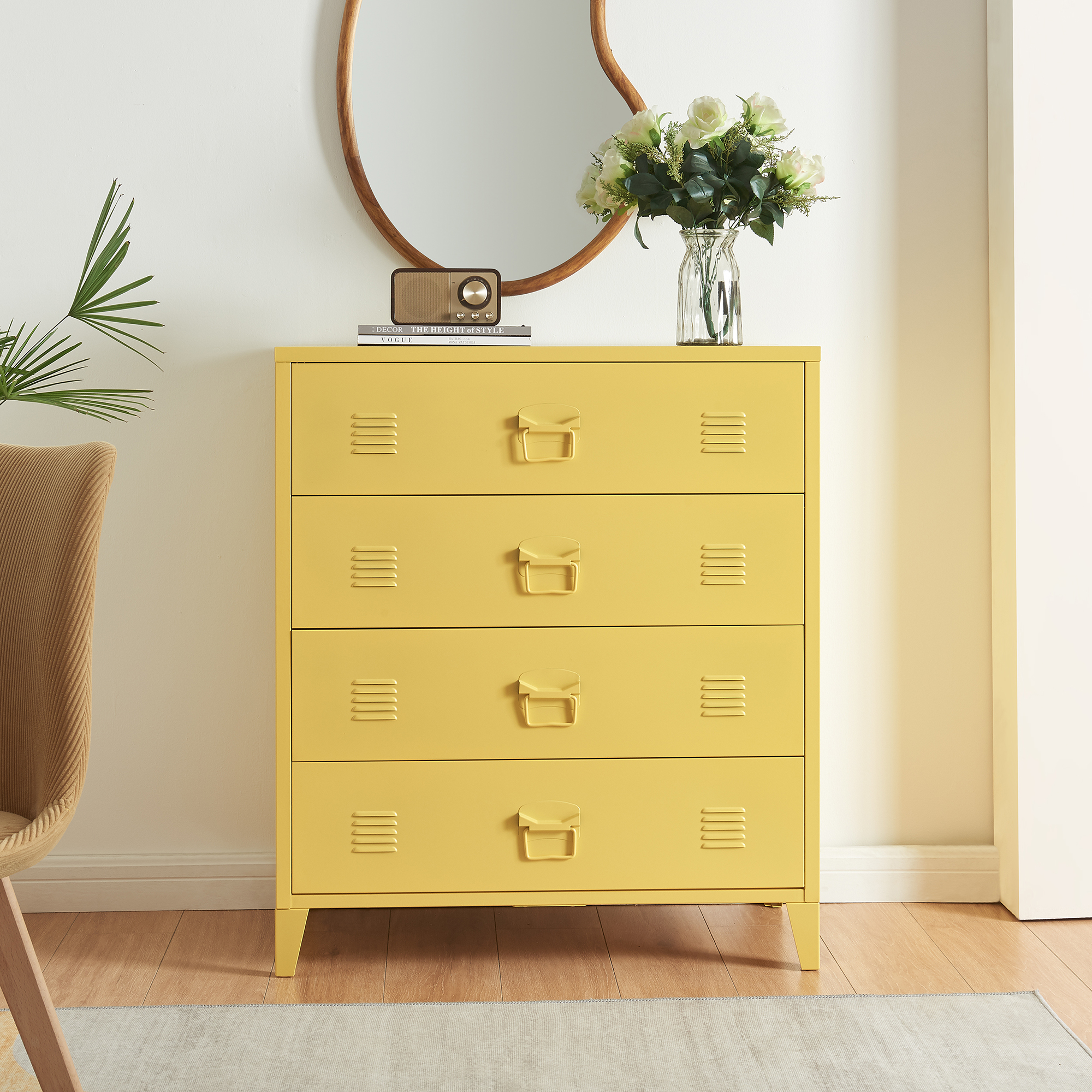 Comodă metalică galbenă cu 4 sertare, stil industrial, 80x40x92 cm